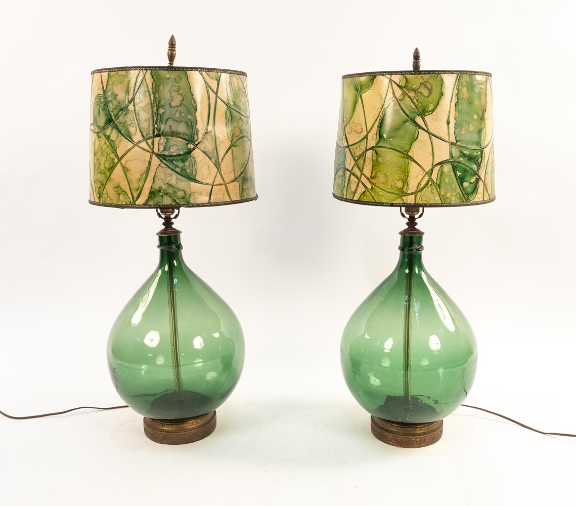 Pair of Midcentury Emerald Green Glass and Brass Demijohn Table Lamps