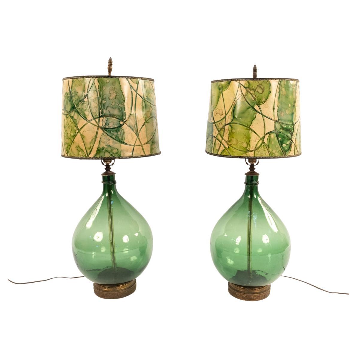 Midcentury Blenko Glass Optic Emerald Green and Brass Lamp For Sale at