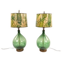 Pair of Midcentury Emerald Green Glass and Brass Demijohn Table Lamps