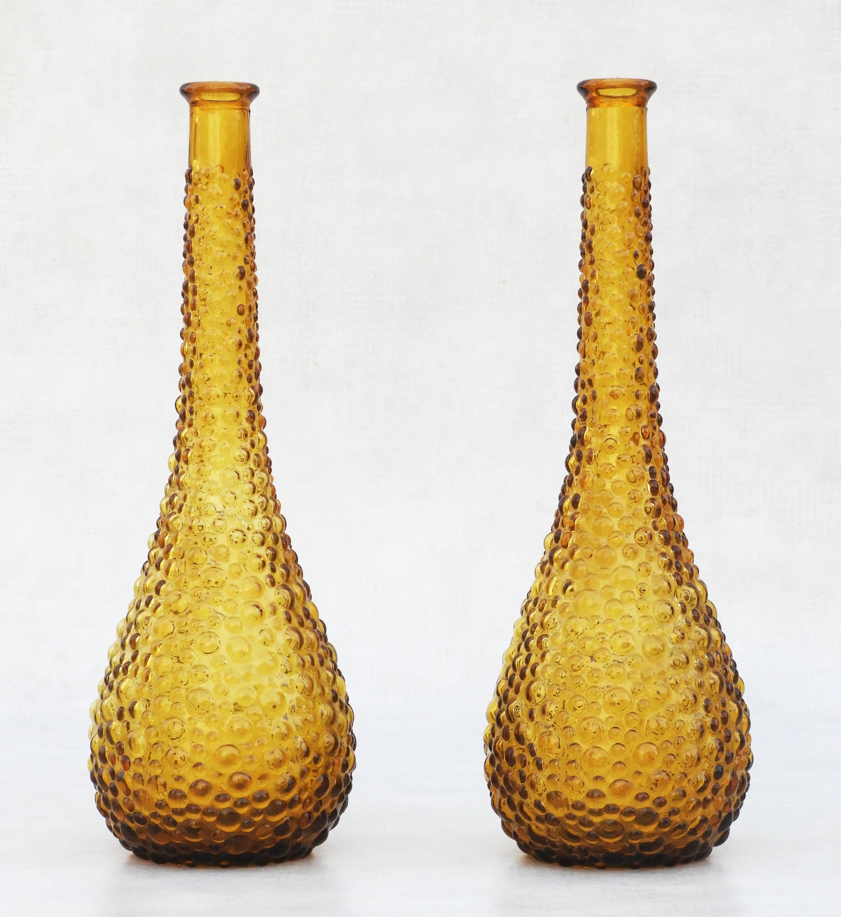 Mid-Century Modern Pair Mid Century Empoli Amber Bubble Glass Bottle Vases 60s Italy FREE SHIPPING For Sale