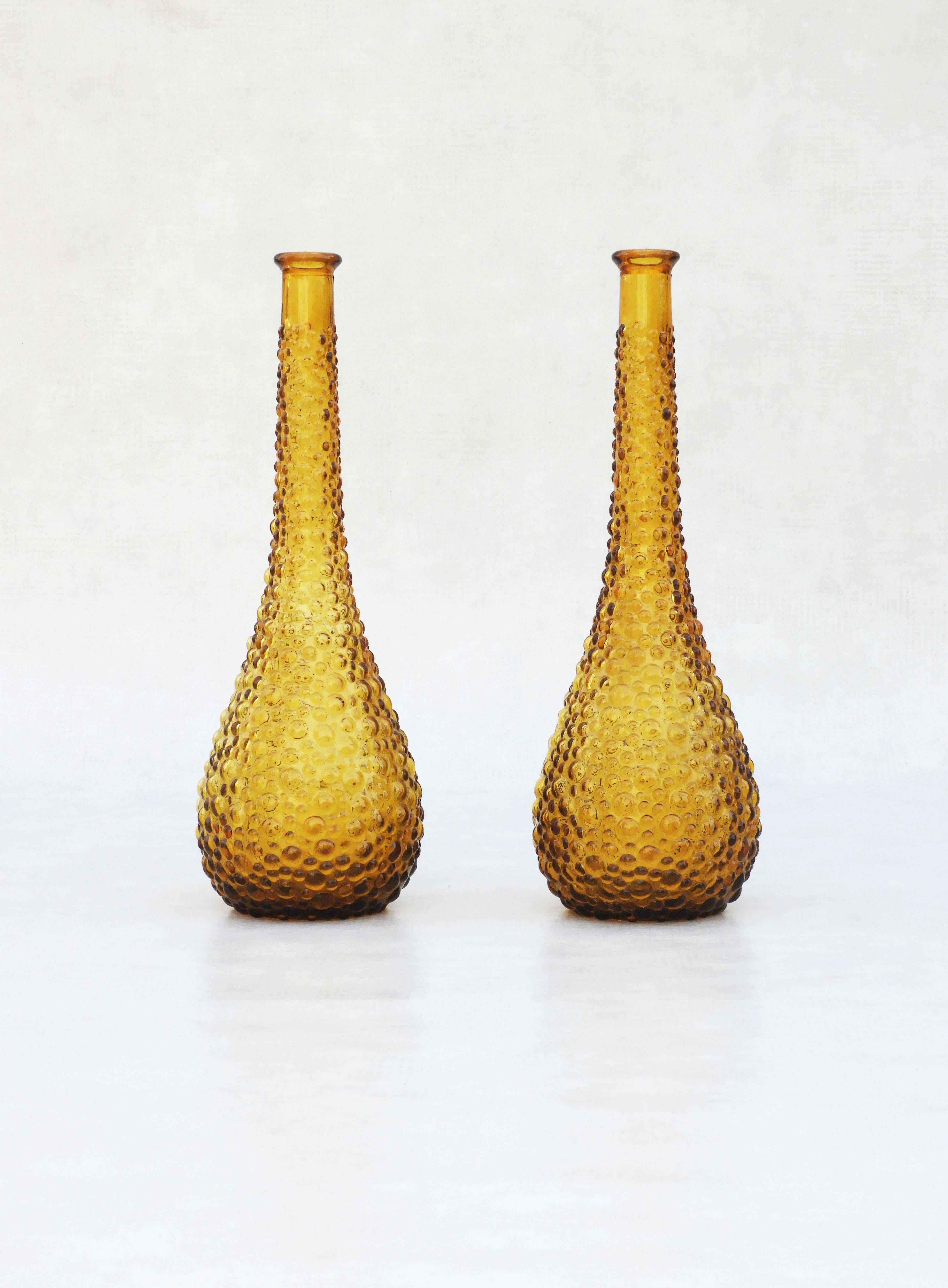 Italian Pair Mid Century Empoli Amber Bubble Glass Bottle Vases 60s Italy FREE SHIPPING For Sale