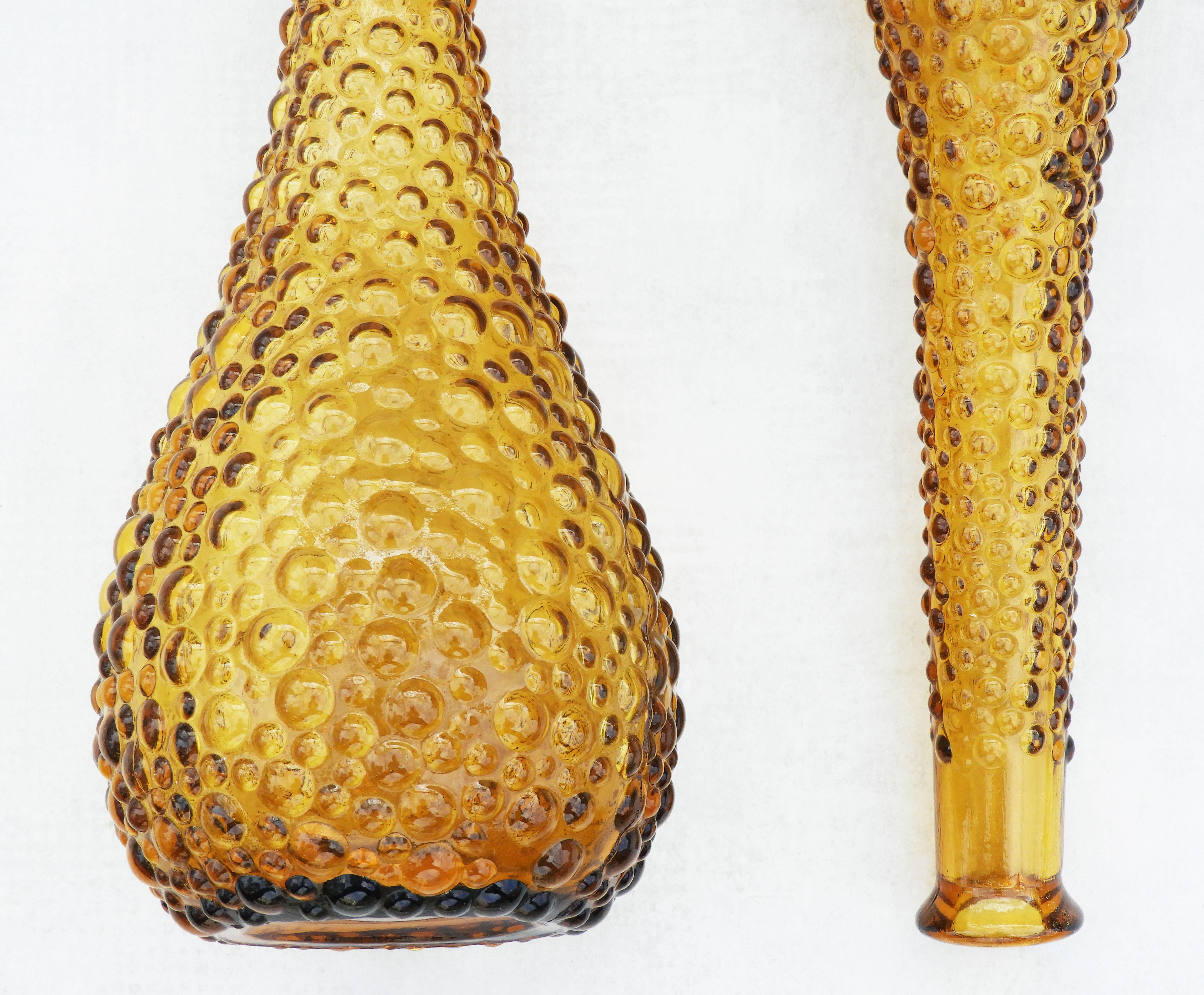 Pair Mid Century Empoli Amber Bubble Glass Bottle Vases 60s Italy FREE SHIPPING For Sale 1