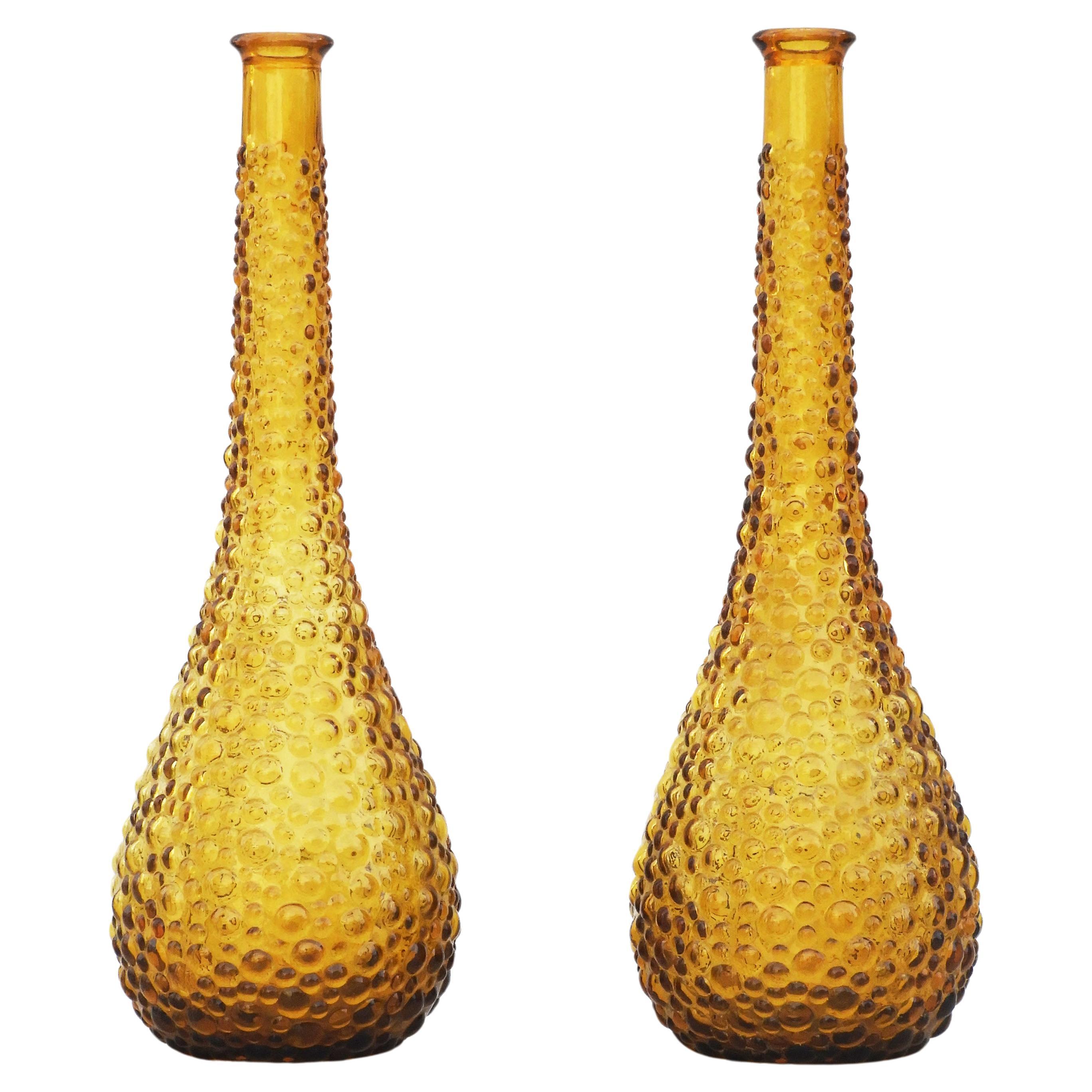 Pair of Mid Century Empoli Amber Bubble Glass Bottle Vases C1960 Italy For Sale