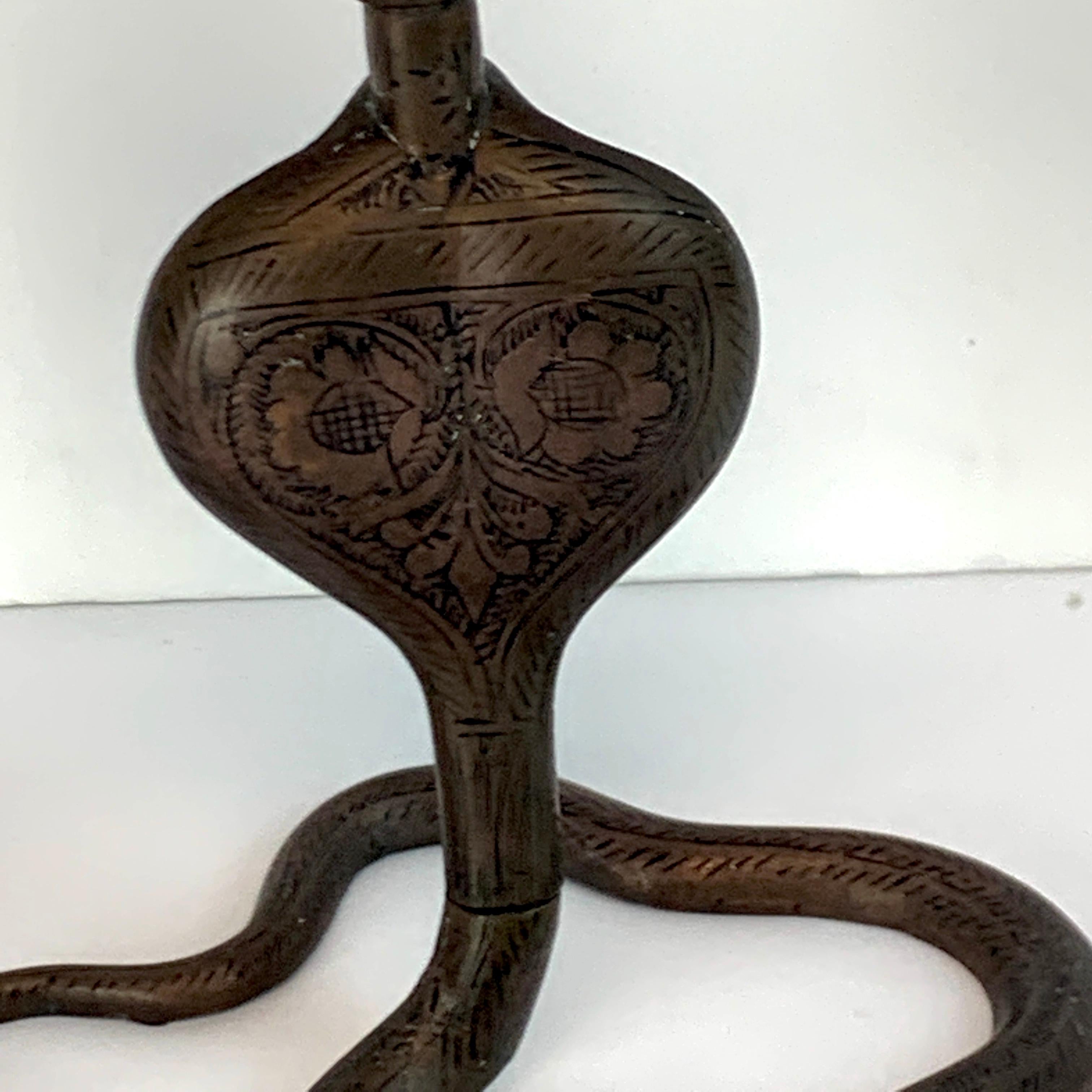 Pair of Midcentury Enameled Brass Cobra Candlesticks 1