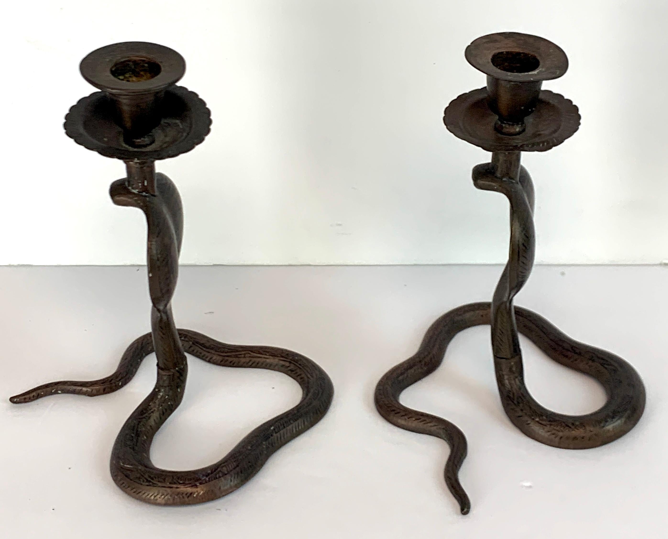 Pair of Midcentury Enameled Brass Cobra Candlesticks 2