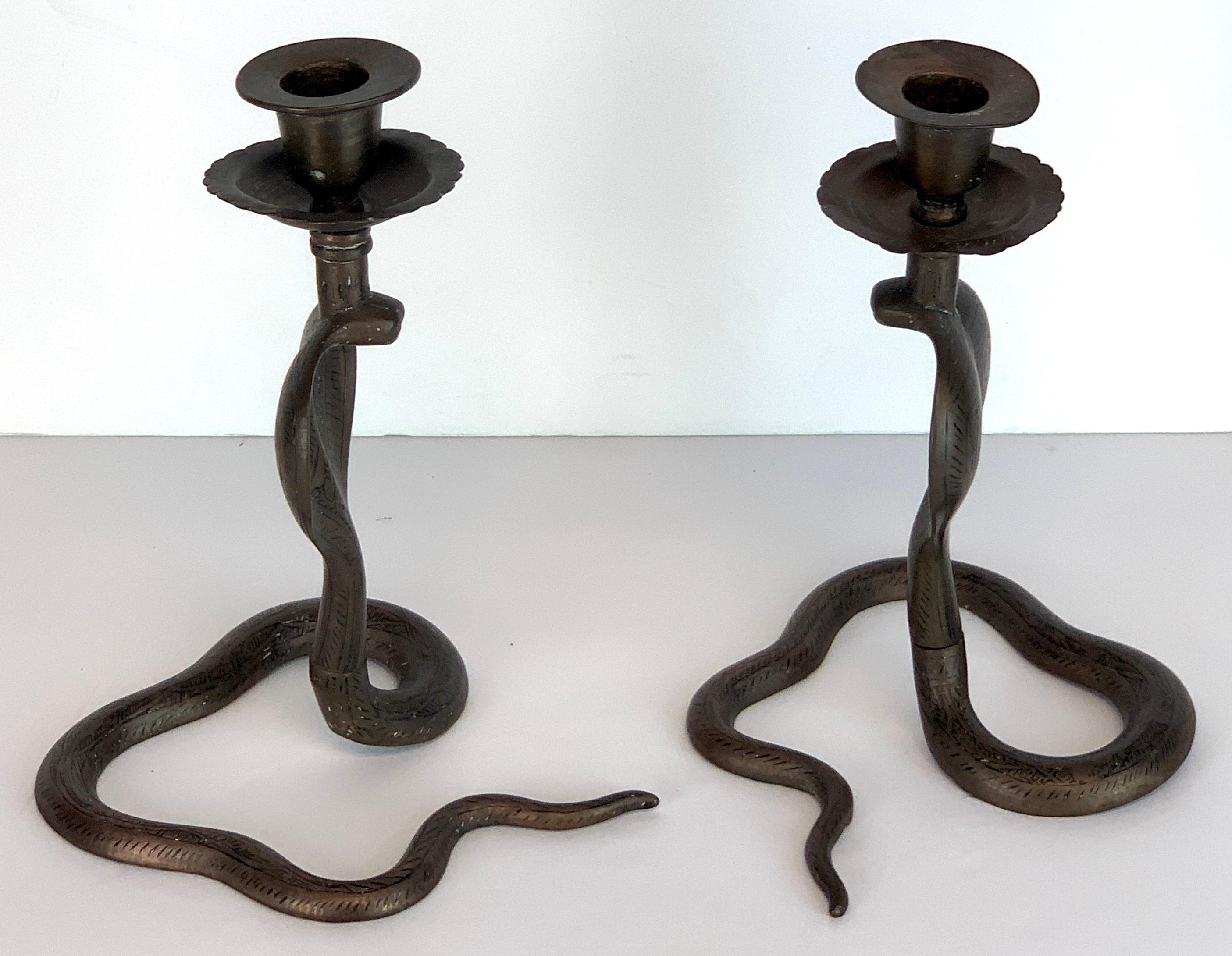 Mid-Century Modern Pair of Midcentury Enameled Brass Cobra Candlesticks
