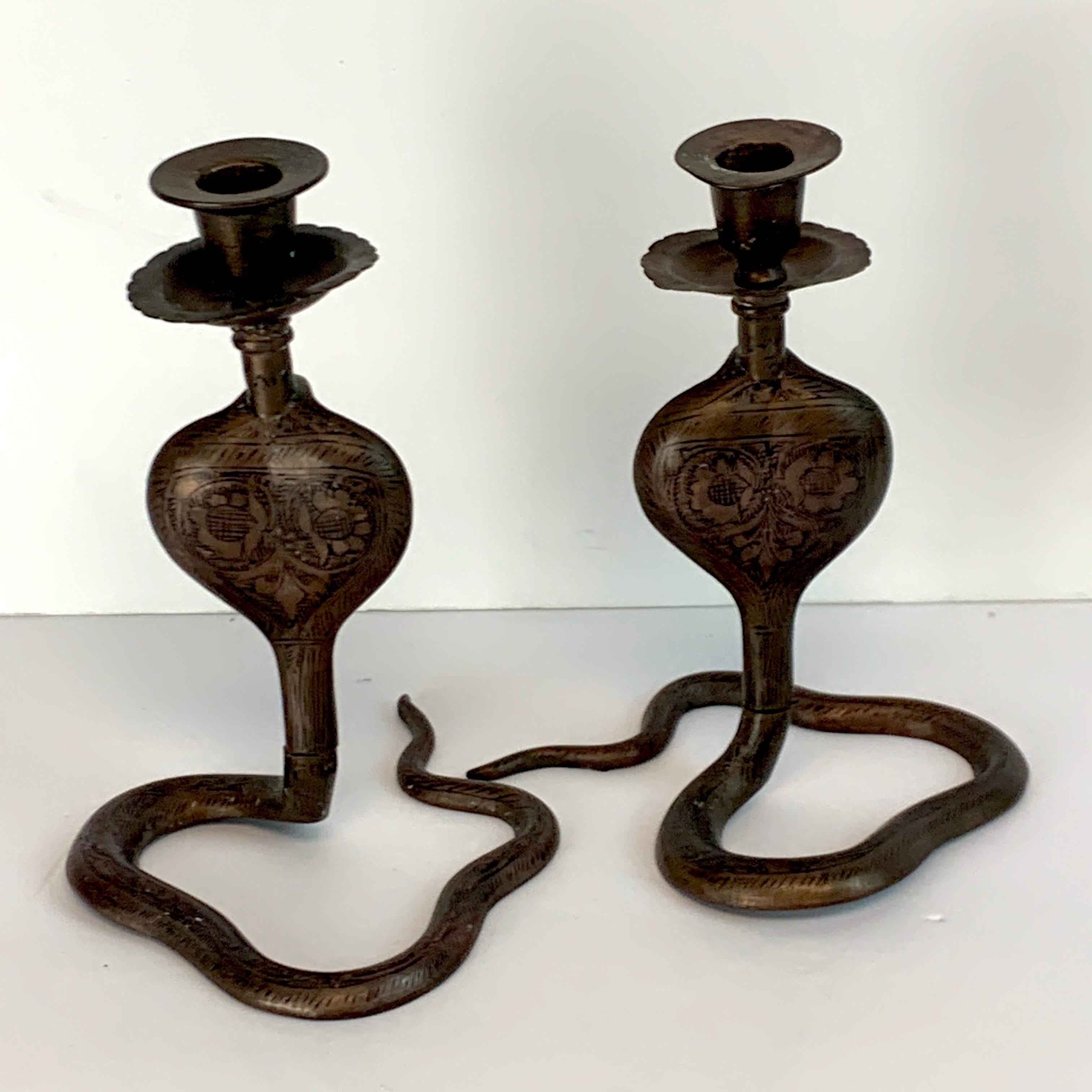 Indian Pair of Midcentury Enameled Brass Cobra Candlesticks