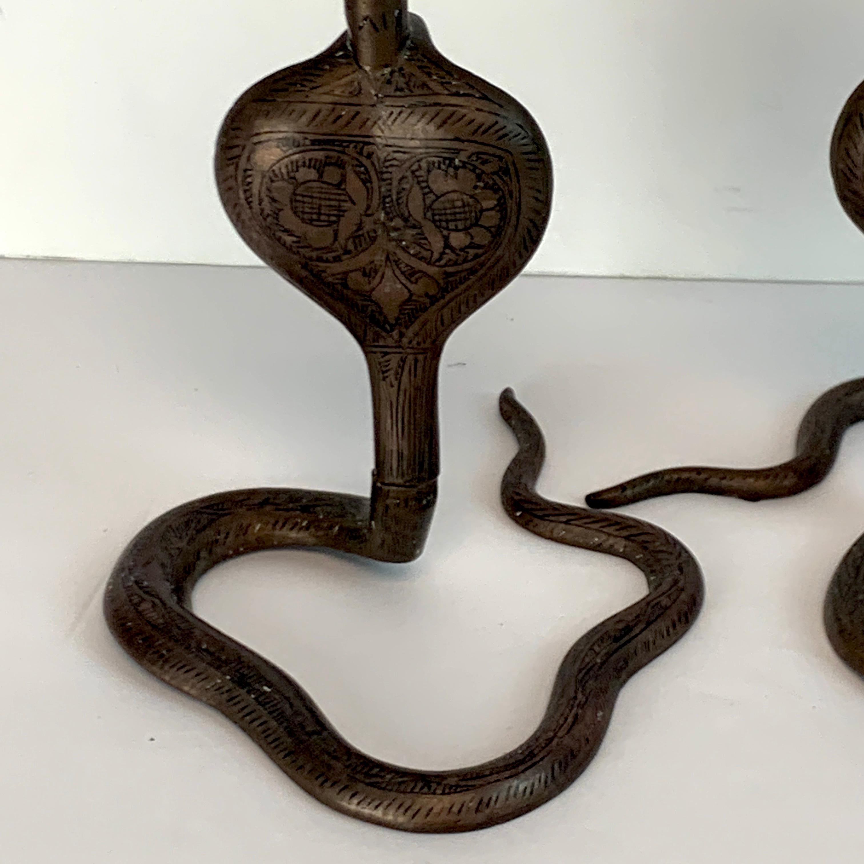 Pair of Midcentury Enameled Brass Cobra Candlesticks In Good Condition In West Palm Beach, FL