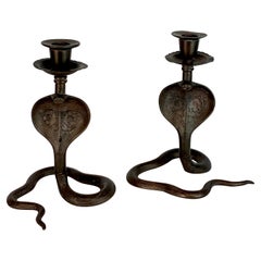 Pair of Midcentury Enameled Brass Cobra Candlesticks