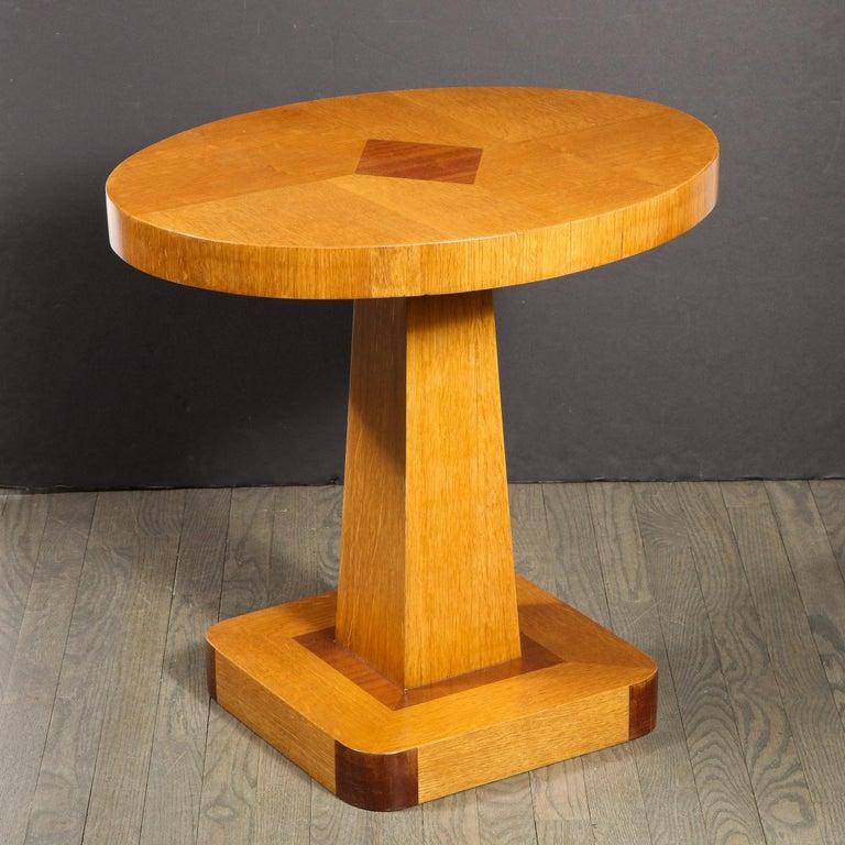 Pair of Mid Century End Tables in Hand Rubbed Bookmatched Elm w/ Walnut Inlay For Sale 5
