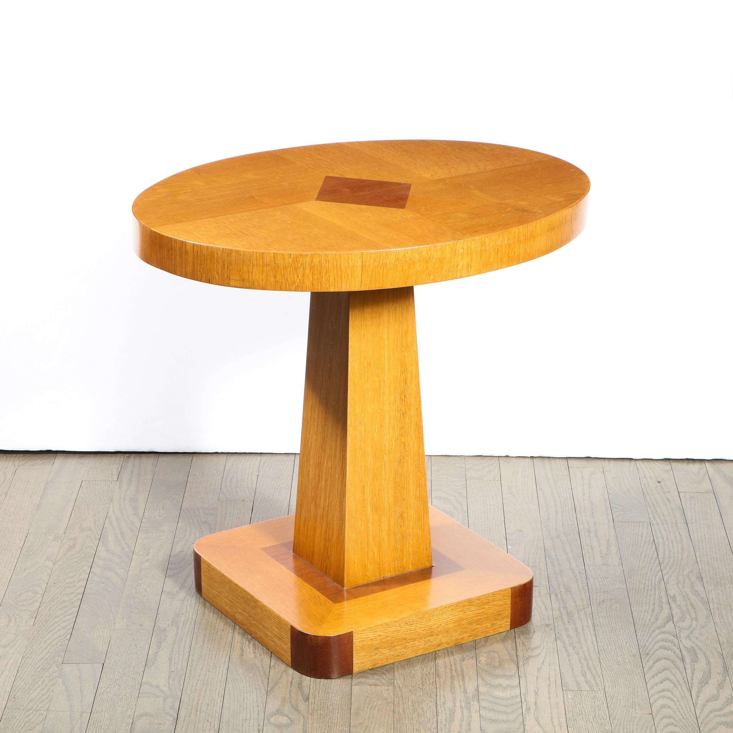 Mid-Century Modern Pair of Mid Century End Tables in Hand Rubbed Bookmatched Elm w/ Walnut Inlay