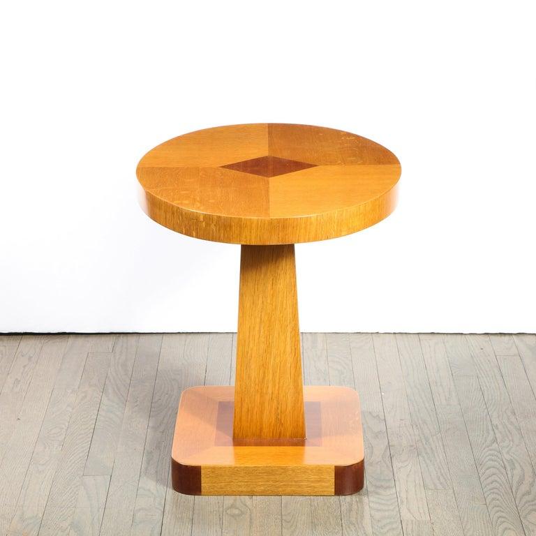 American Pair of Mid Century End Tables in Hand Rubbed Bookmatched Elm w/ Walnut Inlay For Sale