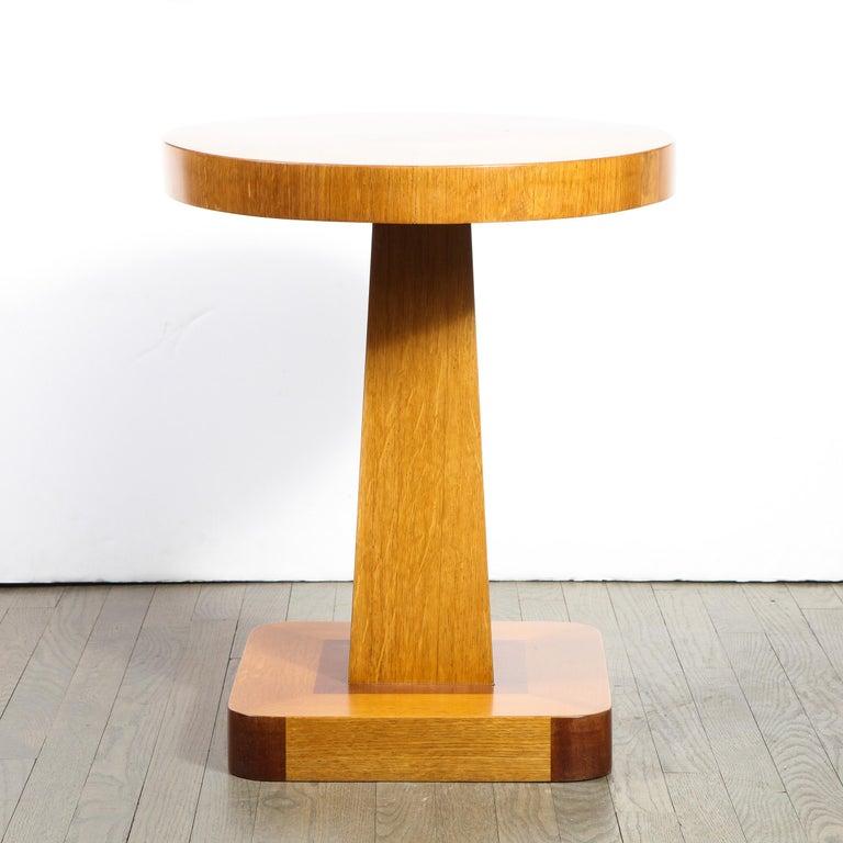 Pair of Mid Century End Tables in Hand Rubbed Bookmatched Elm w/ Walnut Inlay For Sale 2