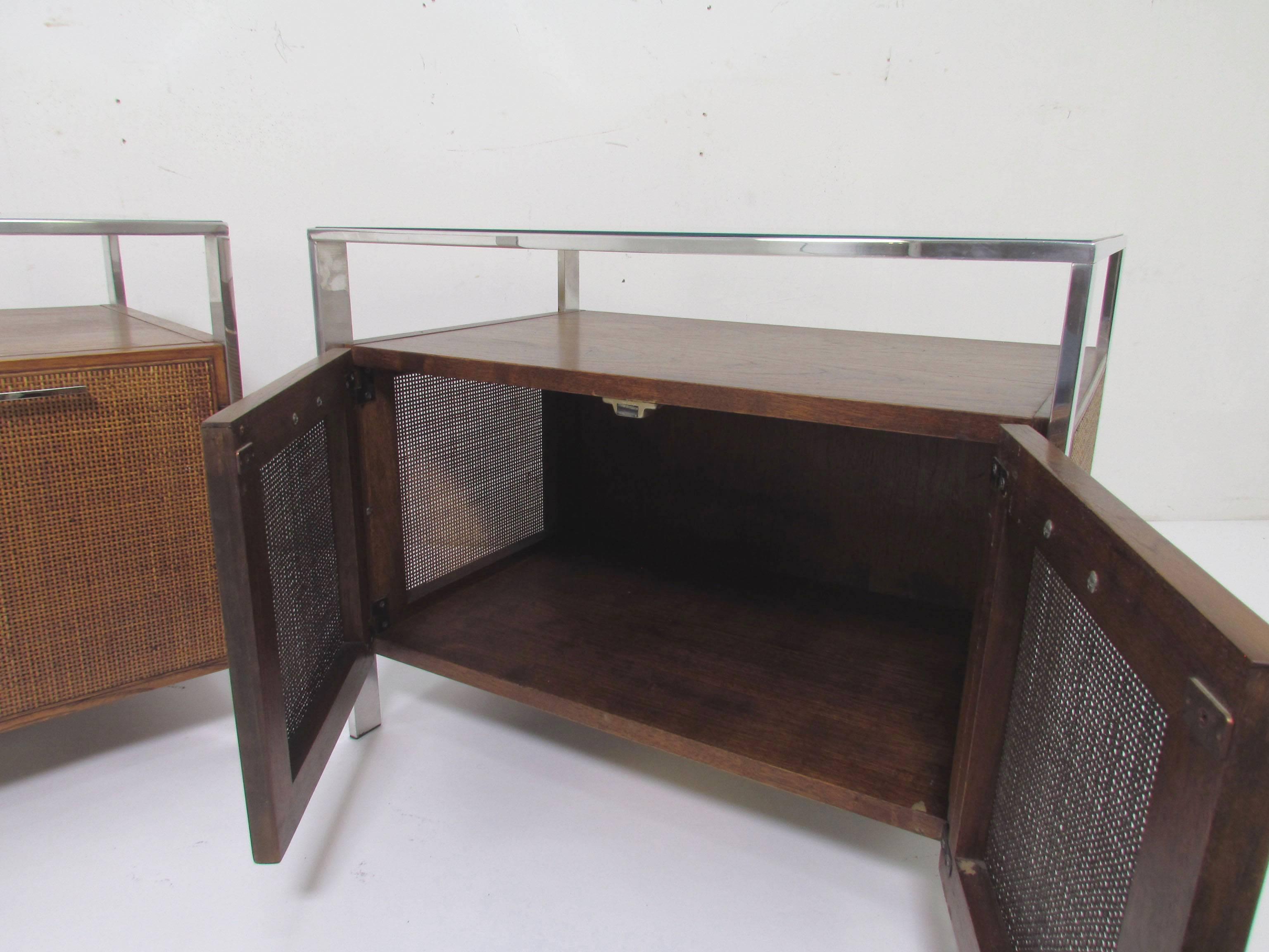 Cane Pair of Midcentury End Tables in the Manner of Milo Baughman