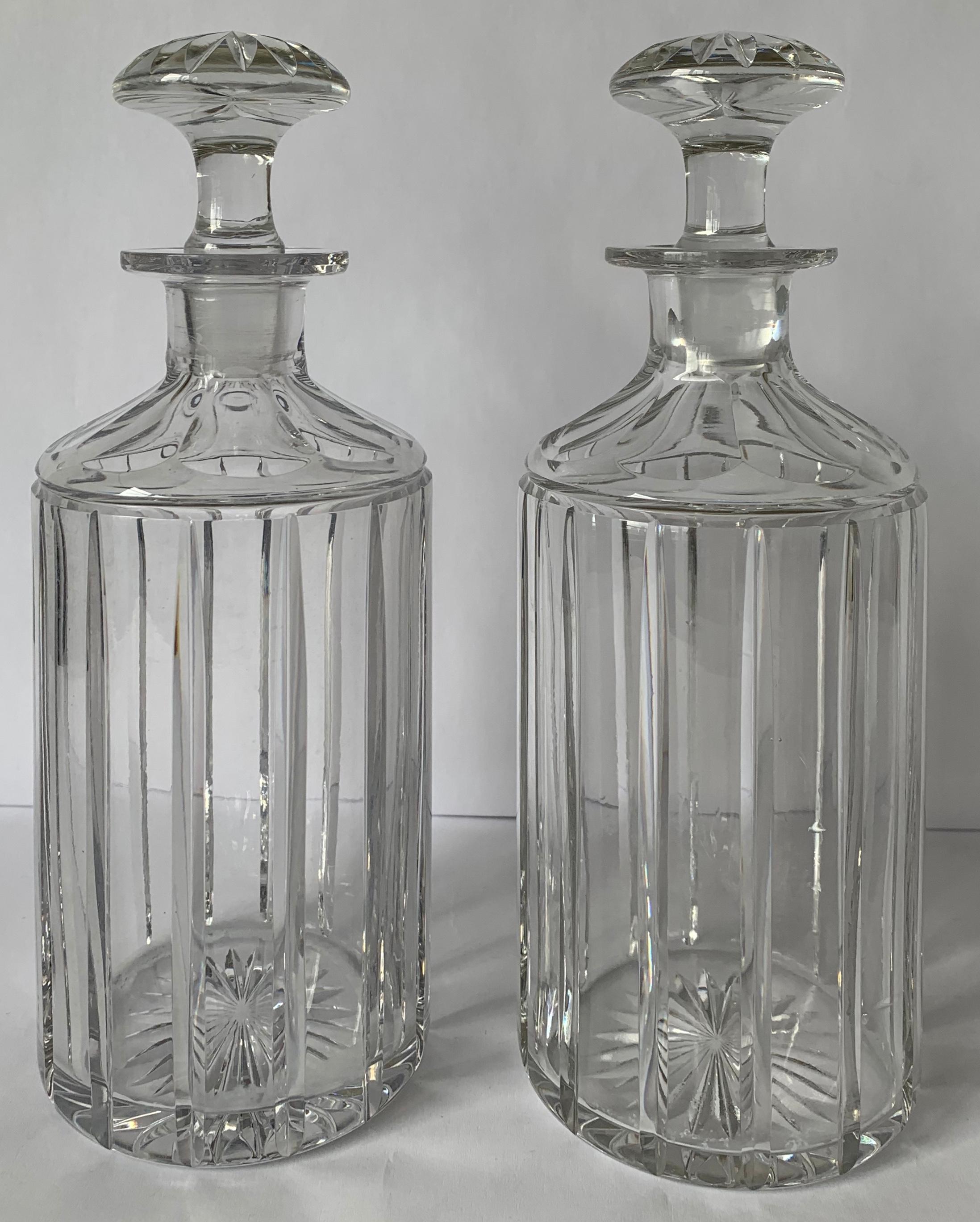 Pair of 1950s English cut glass decanters. No makers mark or signature.