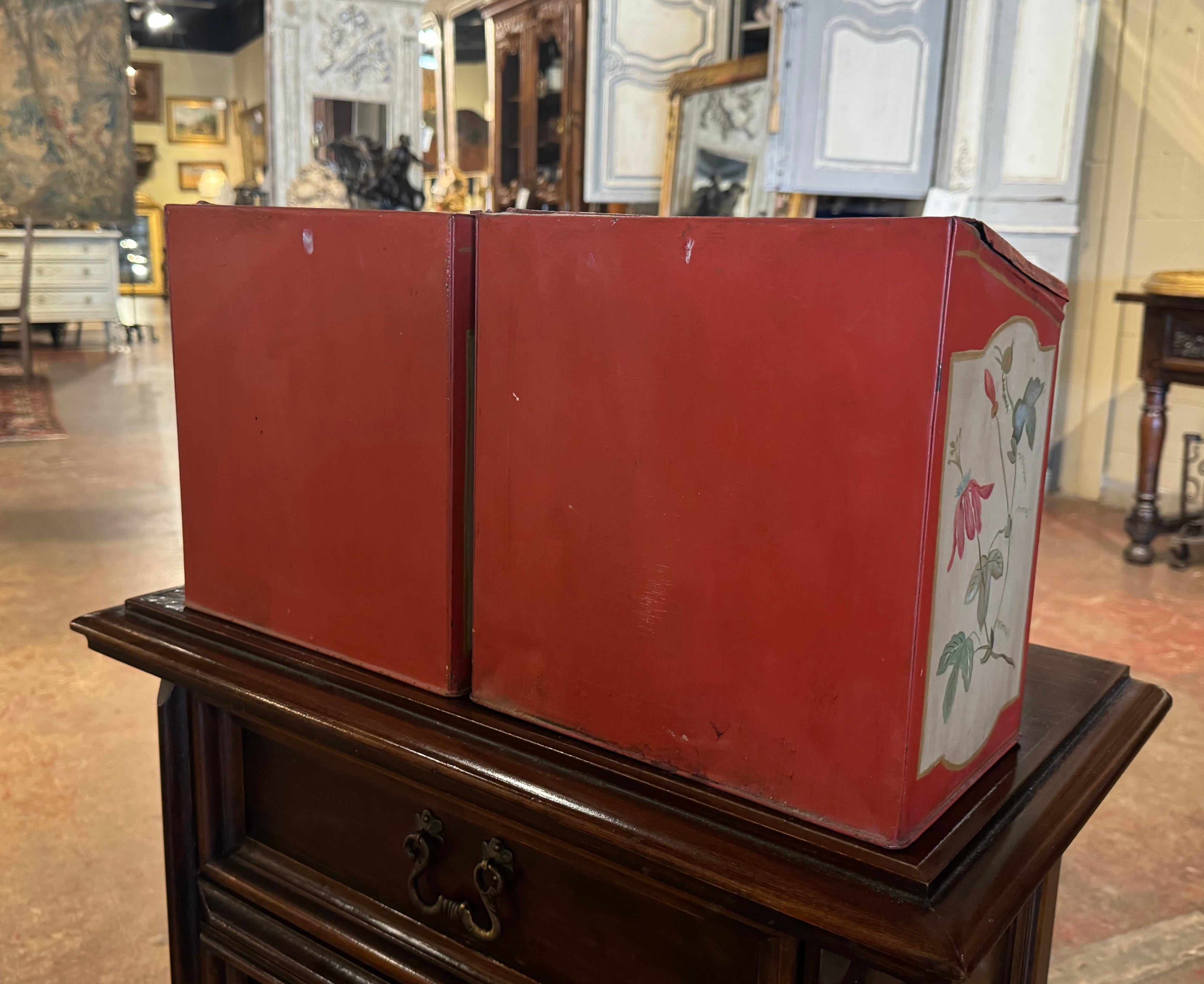 Pair of Mid-Century English Hand Painted Tole Tea Boxes with Bird Decor For Sale 4