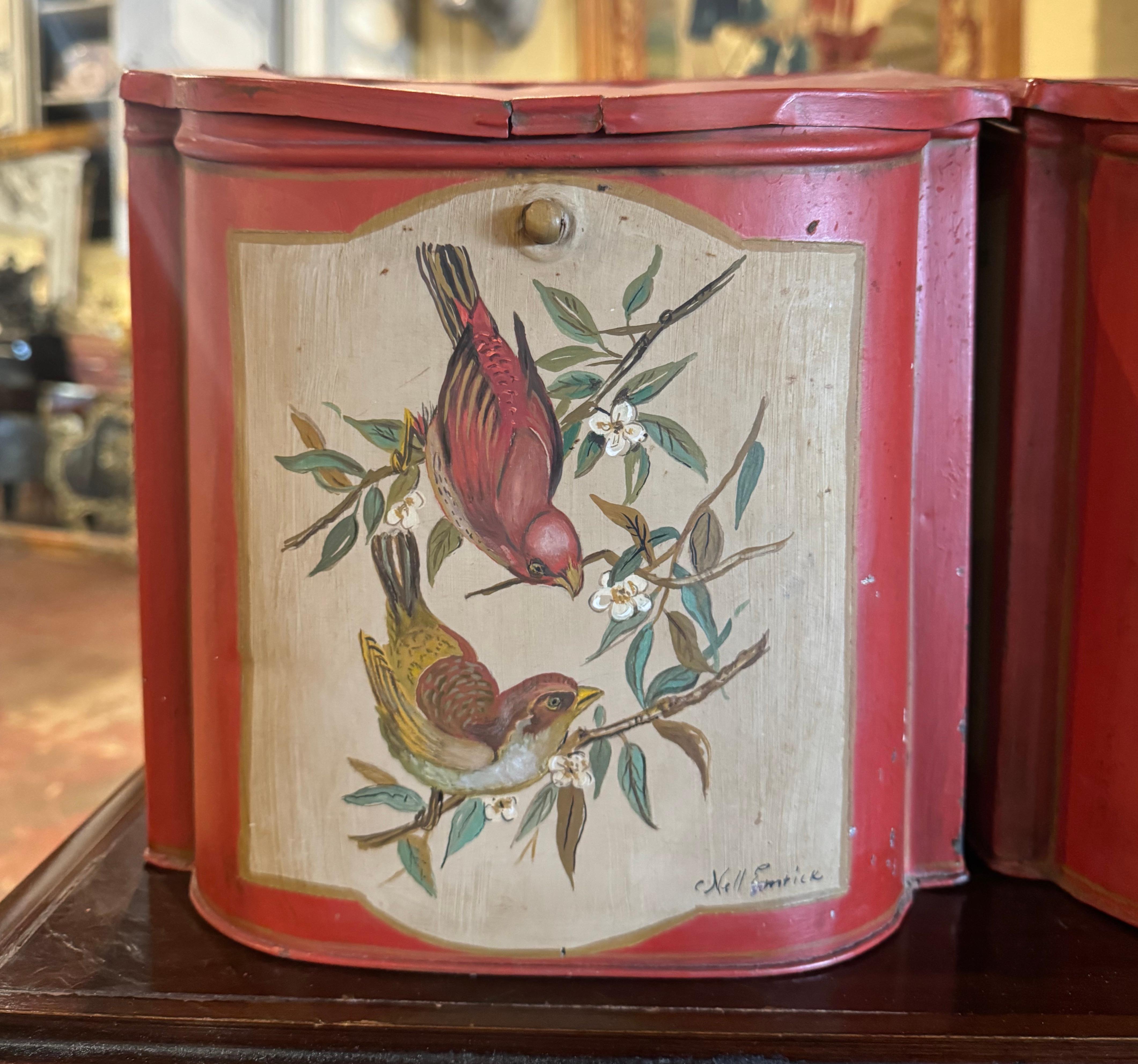 Hand-Painted Pair of Mid-Century English Hand Painted Tole Tea Boxes with Bird Decor For Sale