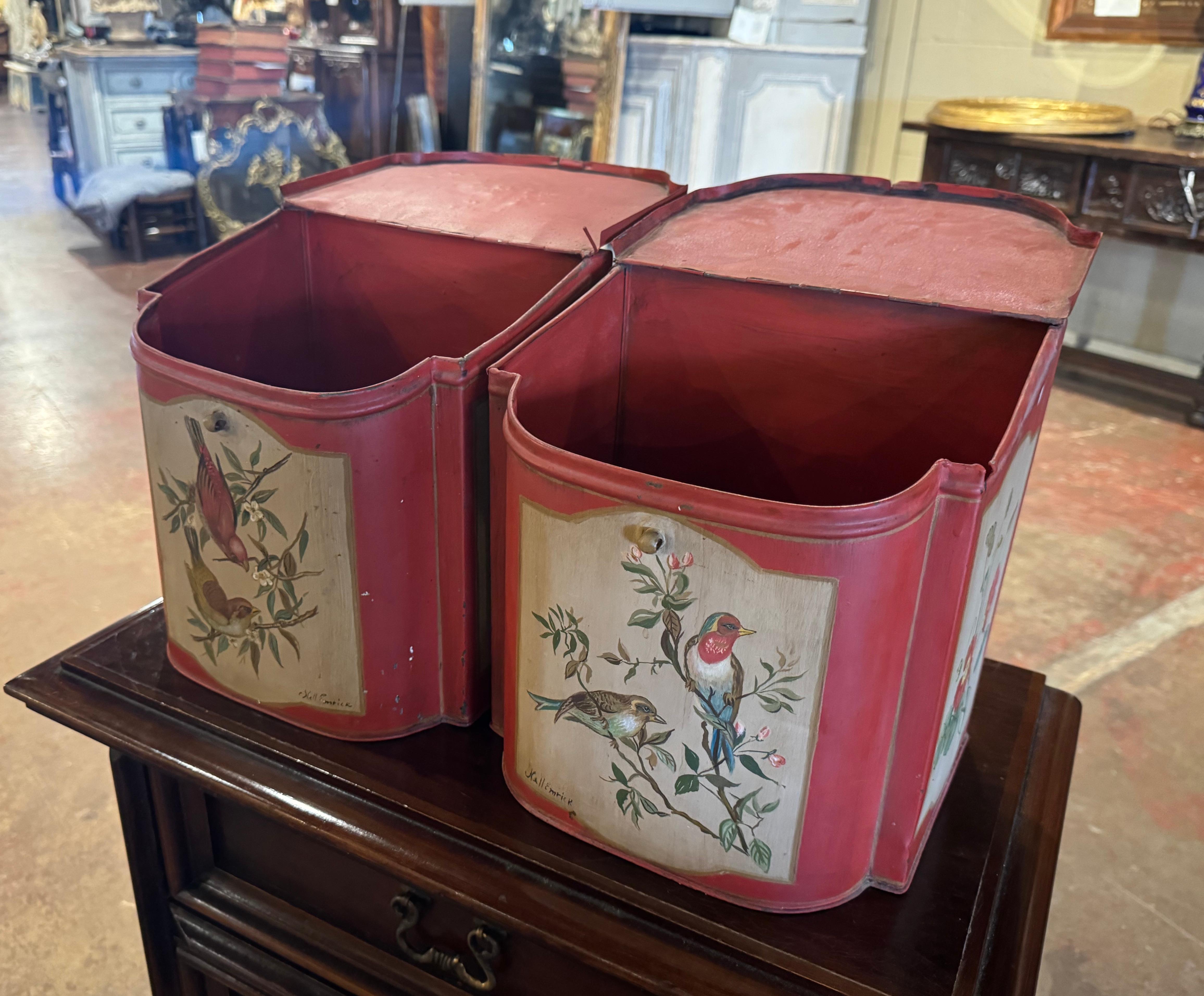 Metal Pair of Mid-Century English Hand Painted Tole Tea Boxes with Bird Decor For Sale