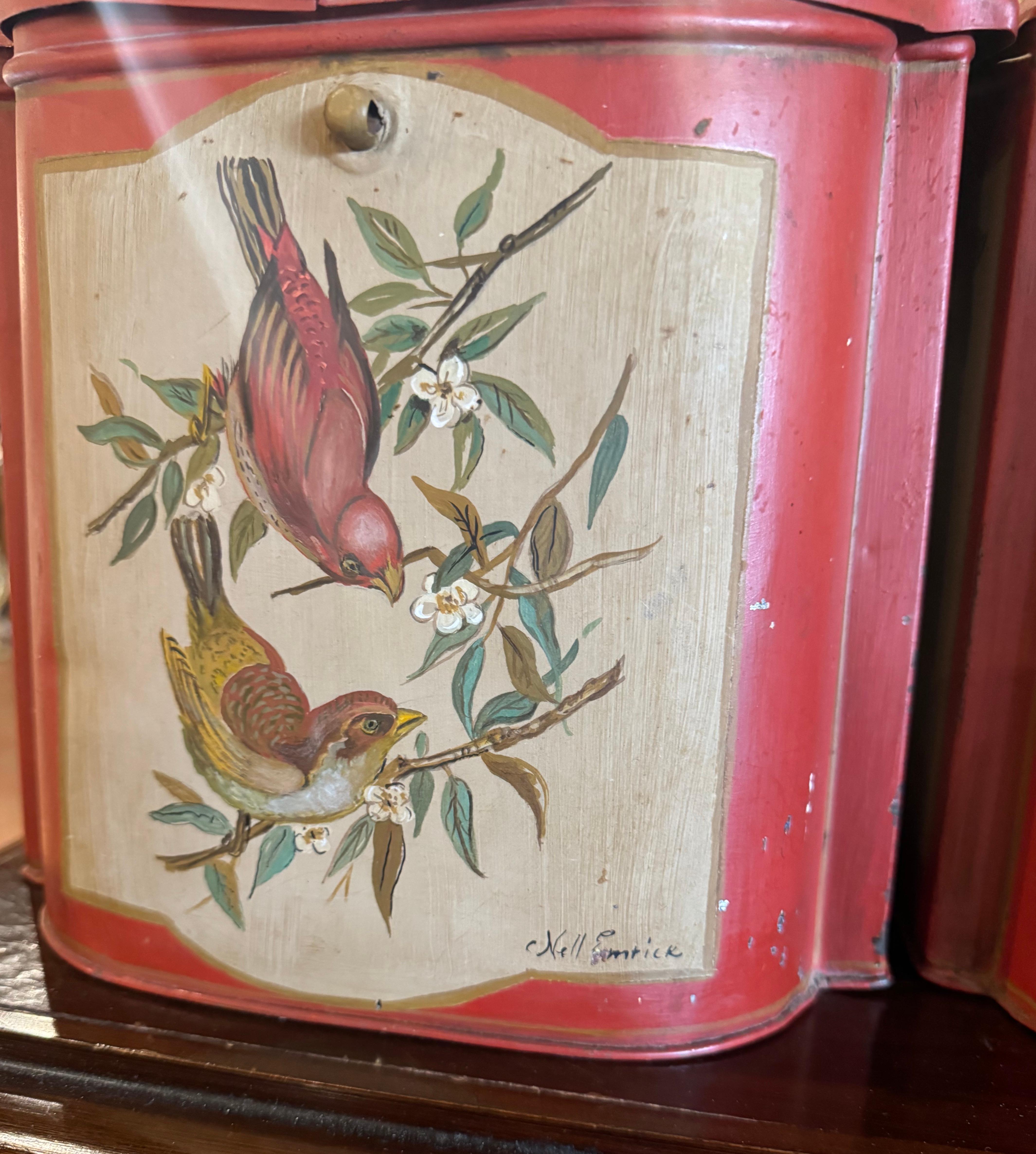 Pair of Mid-Century English Hand Painted Tole Tea Boxes with Bird Decor For Sale 1
