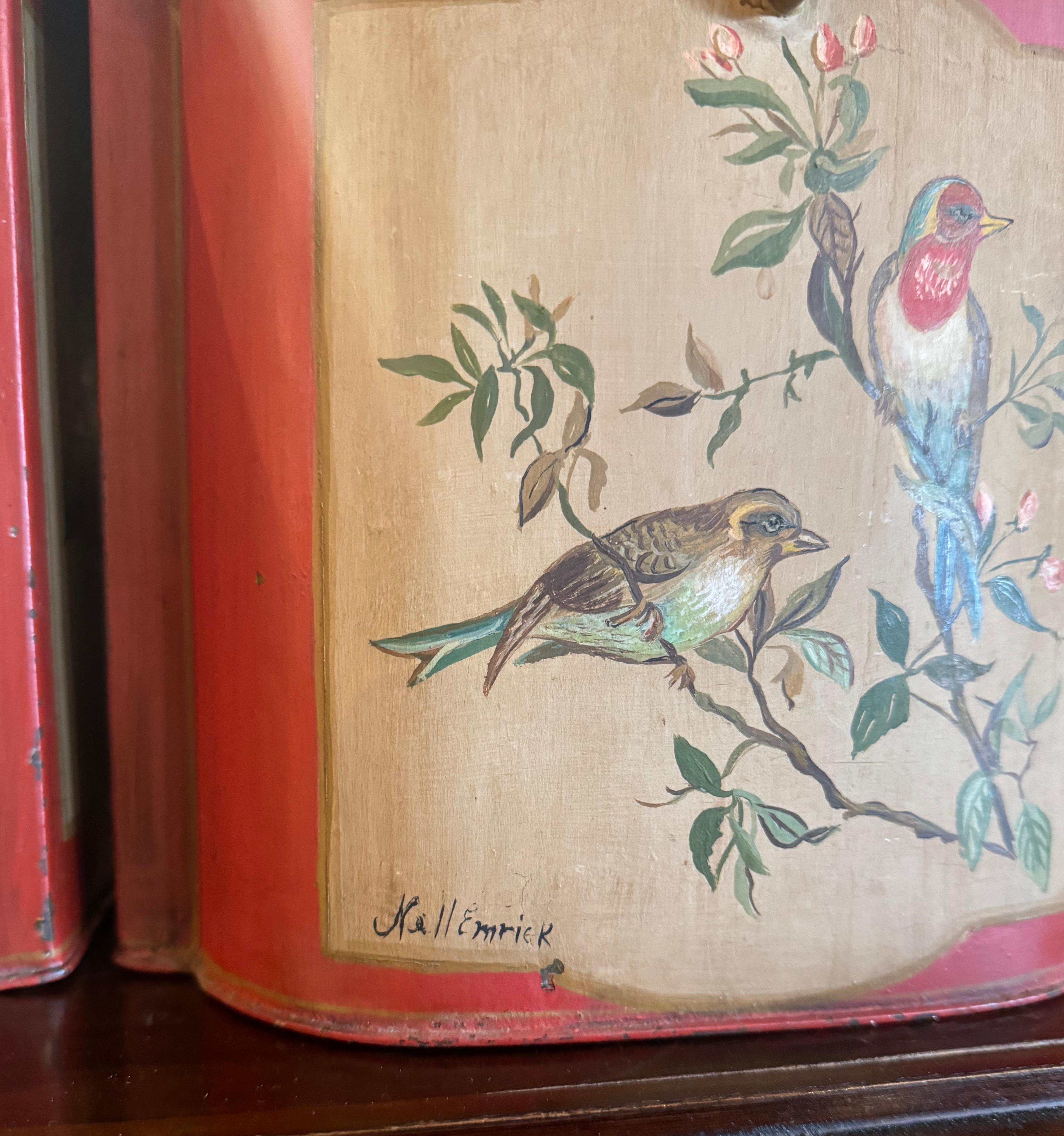 Pair of Mid-Century English Hand Painted Tole Tea Boxes with Bird Decor For Sale 2