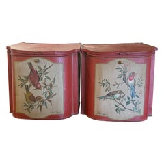 Pair of Mid-Century English Hand Painted Tole Tea Boxes with Bird Decor