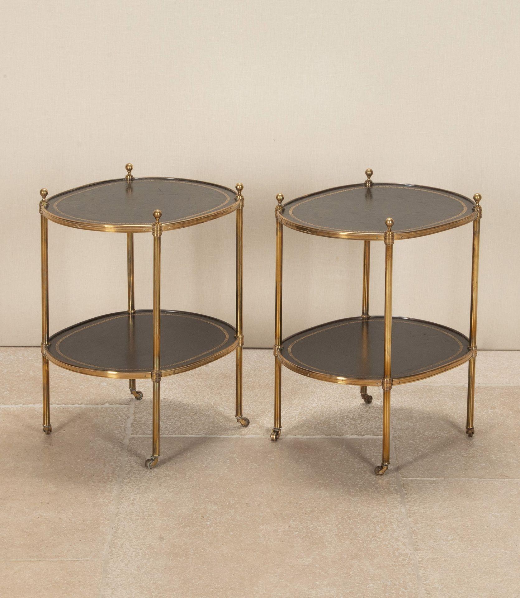 Mid-Century Modern Pair of Mid-Century English Mallet Brass Two Tier Side Tables For Sale
