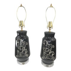 Pair of Mid-Century Equine Black Glazed Ceramic Lamps