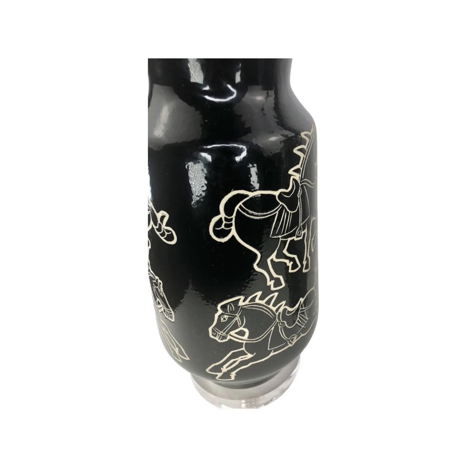 Mid-Century Modern Pair of Mid-Century Equine Black Glazed Ceramic Lamps For Sale