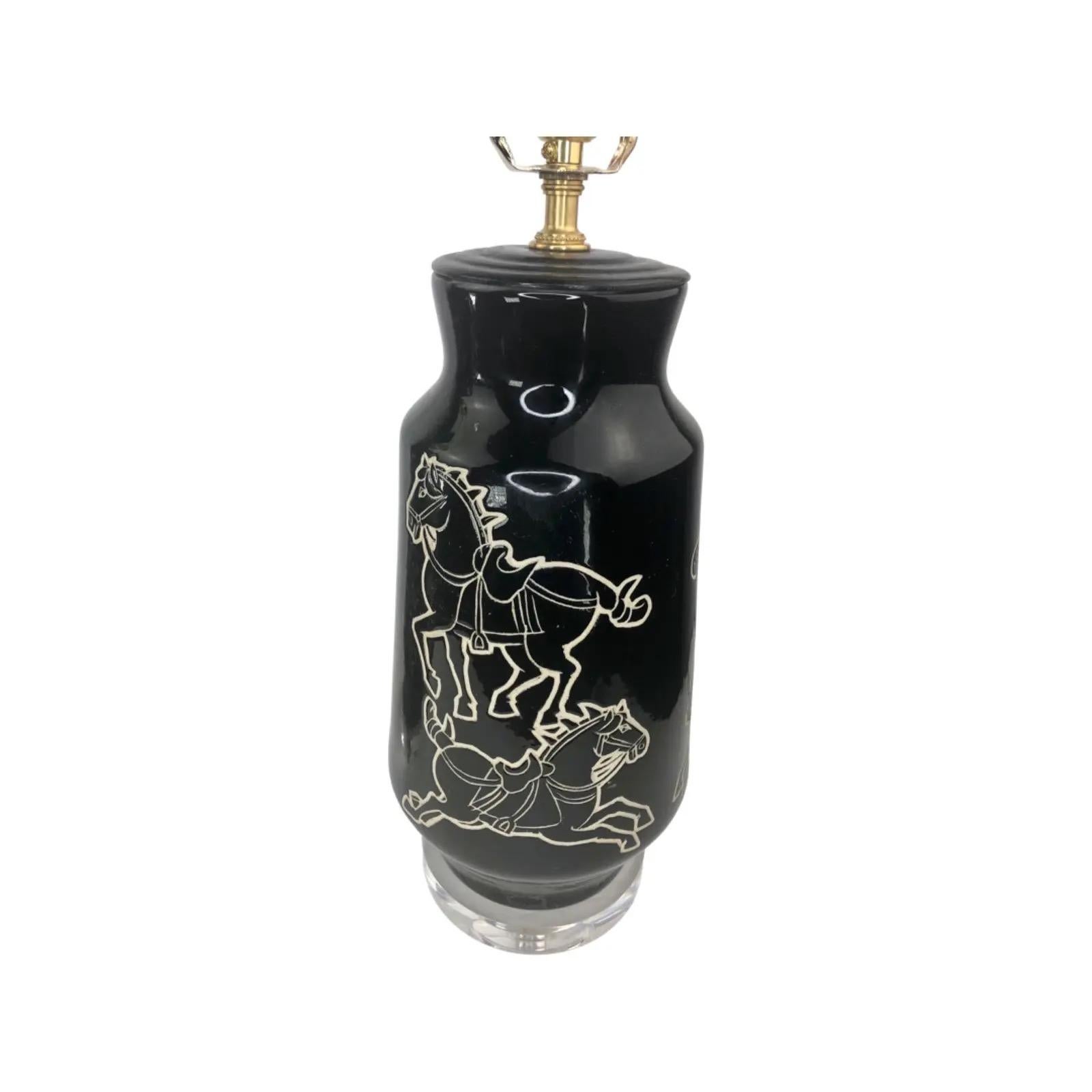 Pair of Mid-Century Equine Black Glazed Ceramic Lamps In Good Condition For Sale In Chapel Hill, NC
