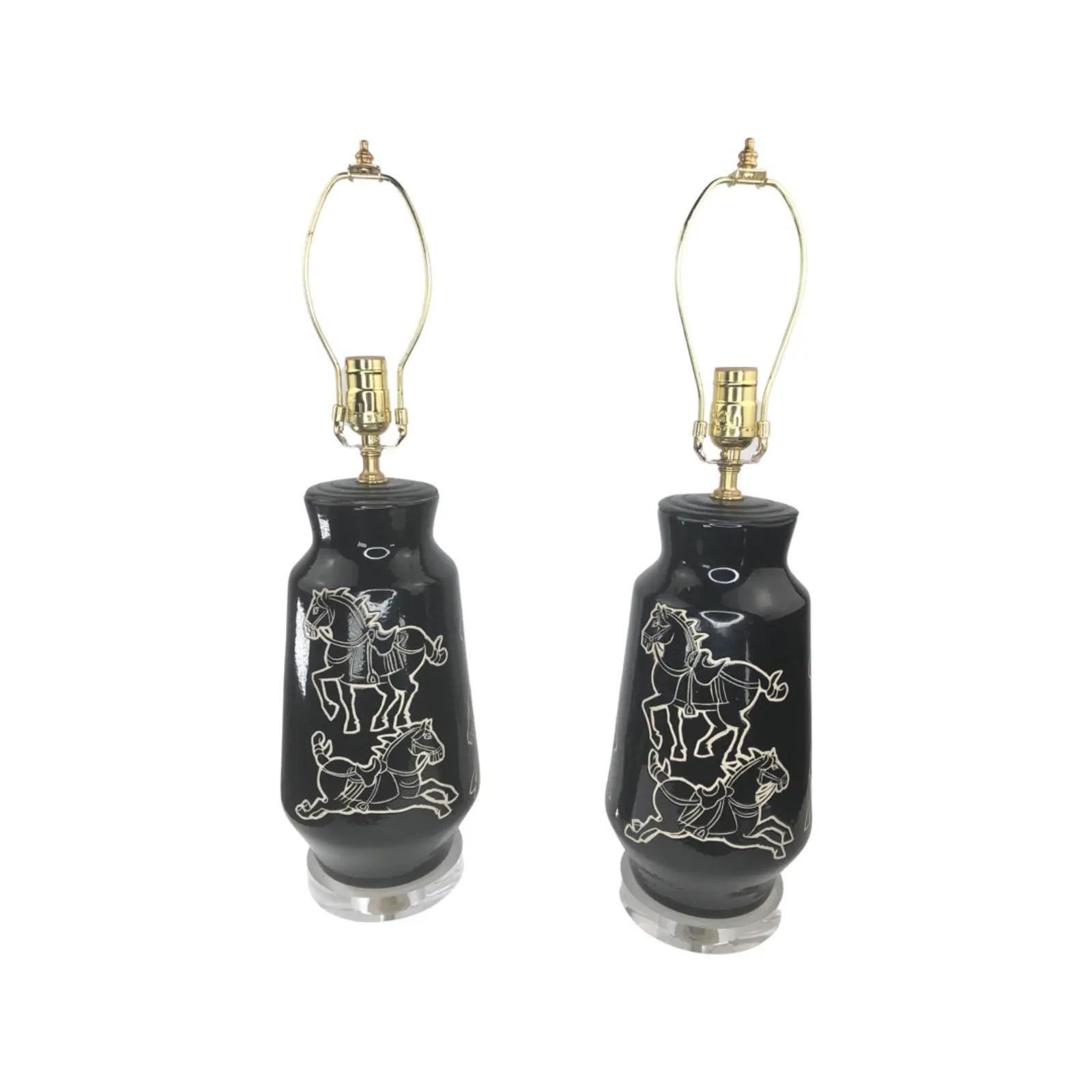 Pair of Mid-Century Equine Black Glazed Ceramic Lamps For Sale 1