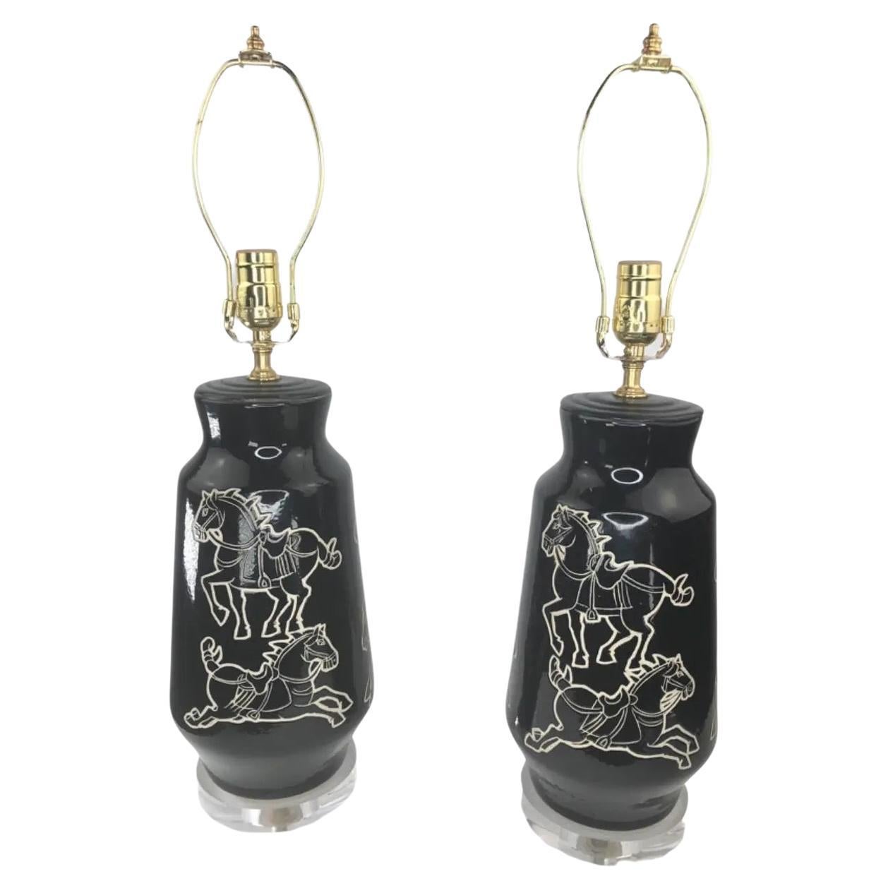 Pair of Mid-Century Equine Black Glazed Ceramic Lamps For Sale