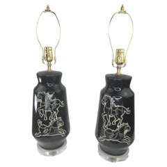 Vintage Pair of Mid-Century Equine Black Glazed Ceramic Lamps