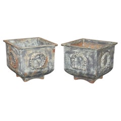 Pair of Mid Century Era Iron French Empire Style Planters Verdigris Finish