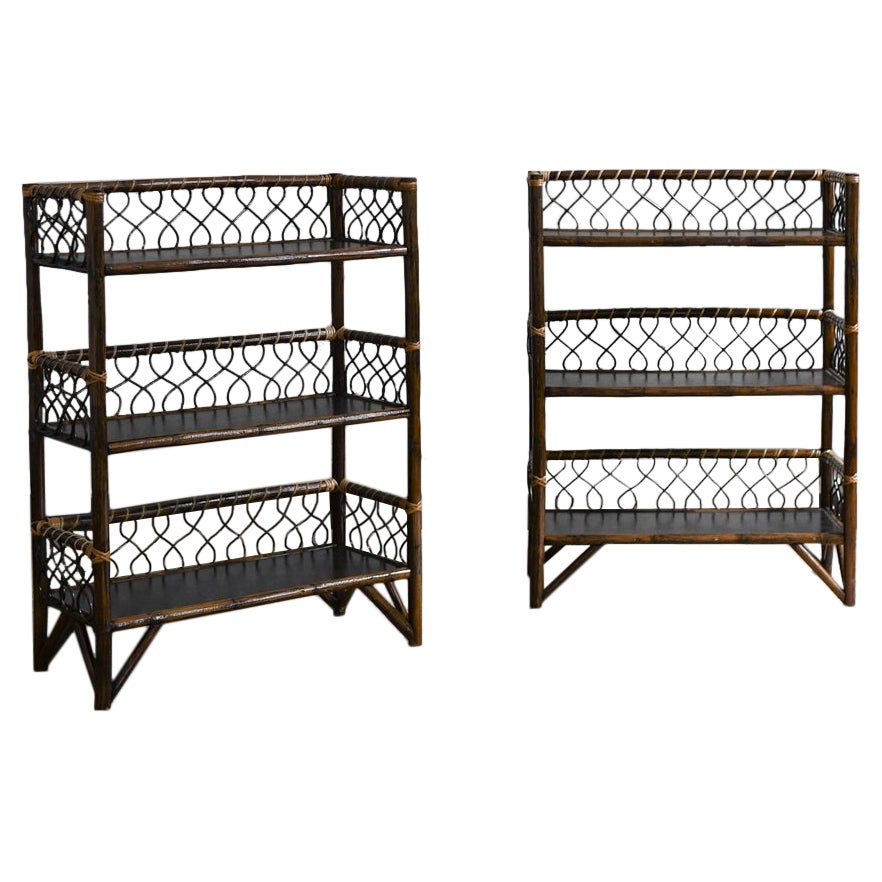 Pair of Mid-Century Étagères In Dark Bamboo Finish, With Wooden Shelves