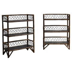 Pair of Mid-Century Étagères In Dark Bamboo Finish, With Wooden Shelves