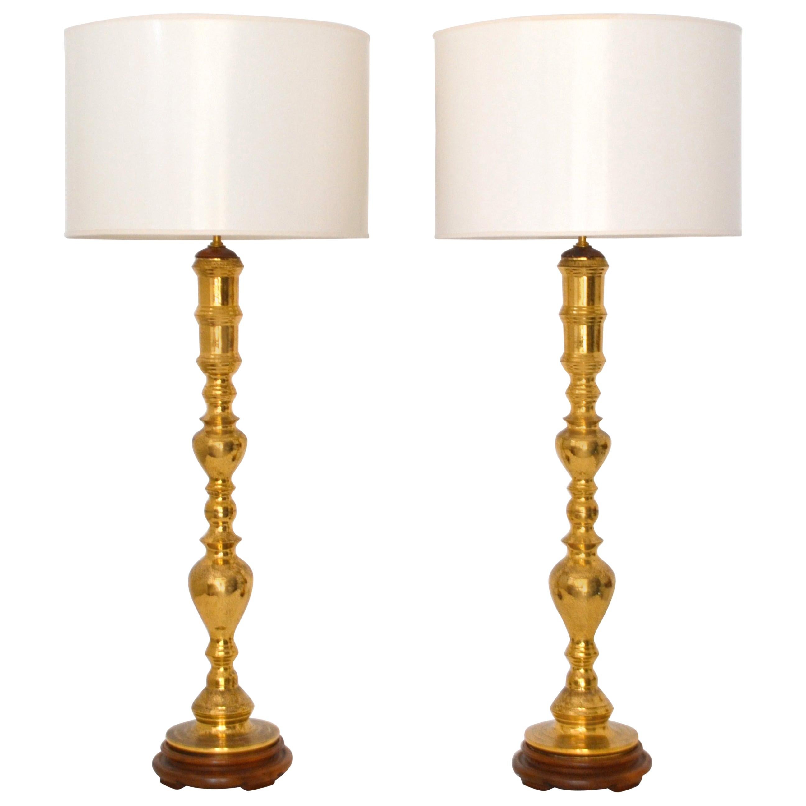 Pair of Midcentury Etched Brass Candlestick Table Lamps For Sale