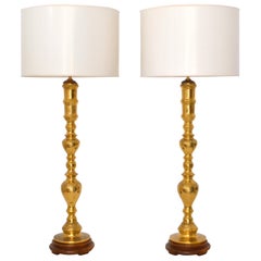 Pair of Midcentury Etched Brass Candlestick Table Lamps
