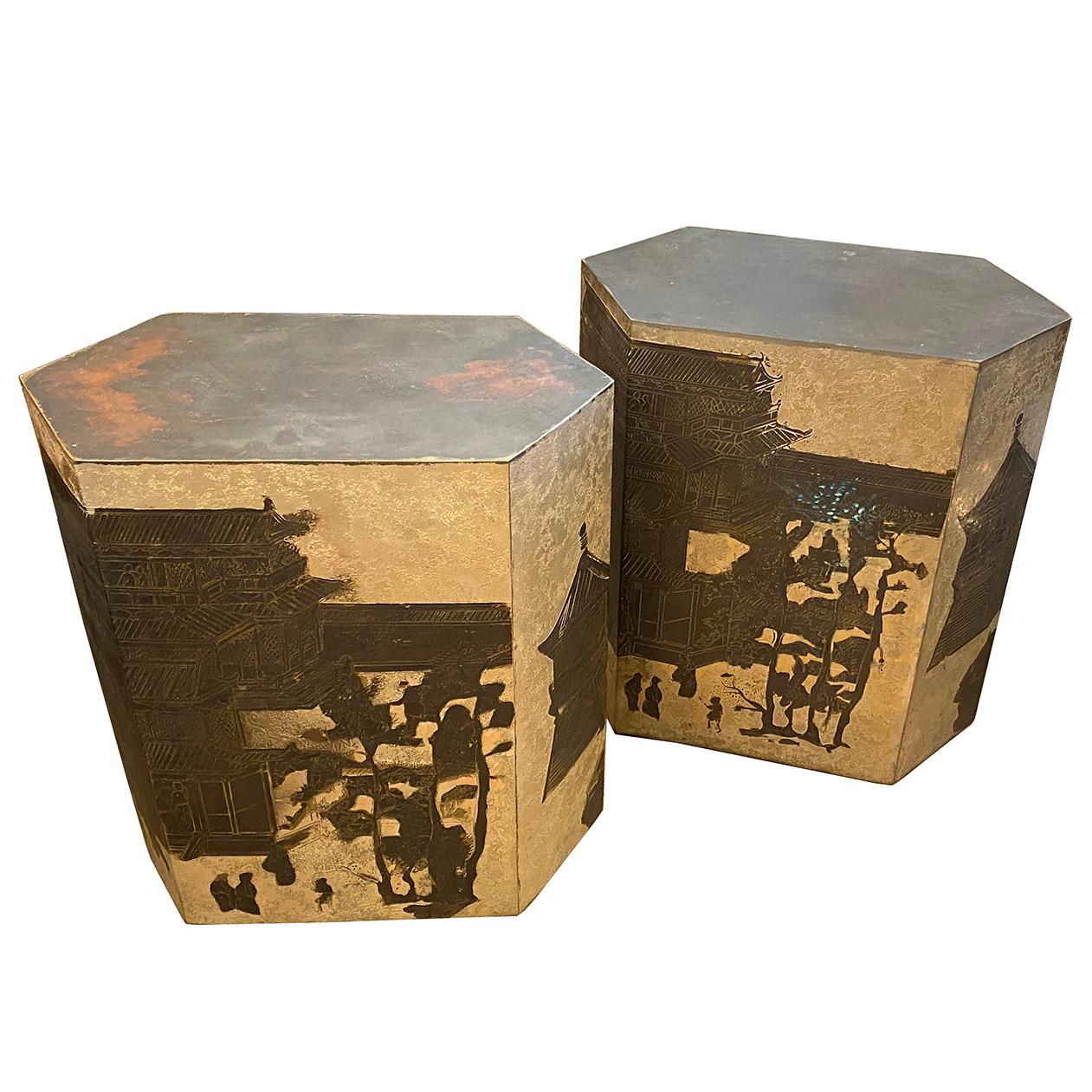American Pair of Mid Century Etched Metal Side Tables For Sale