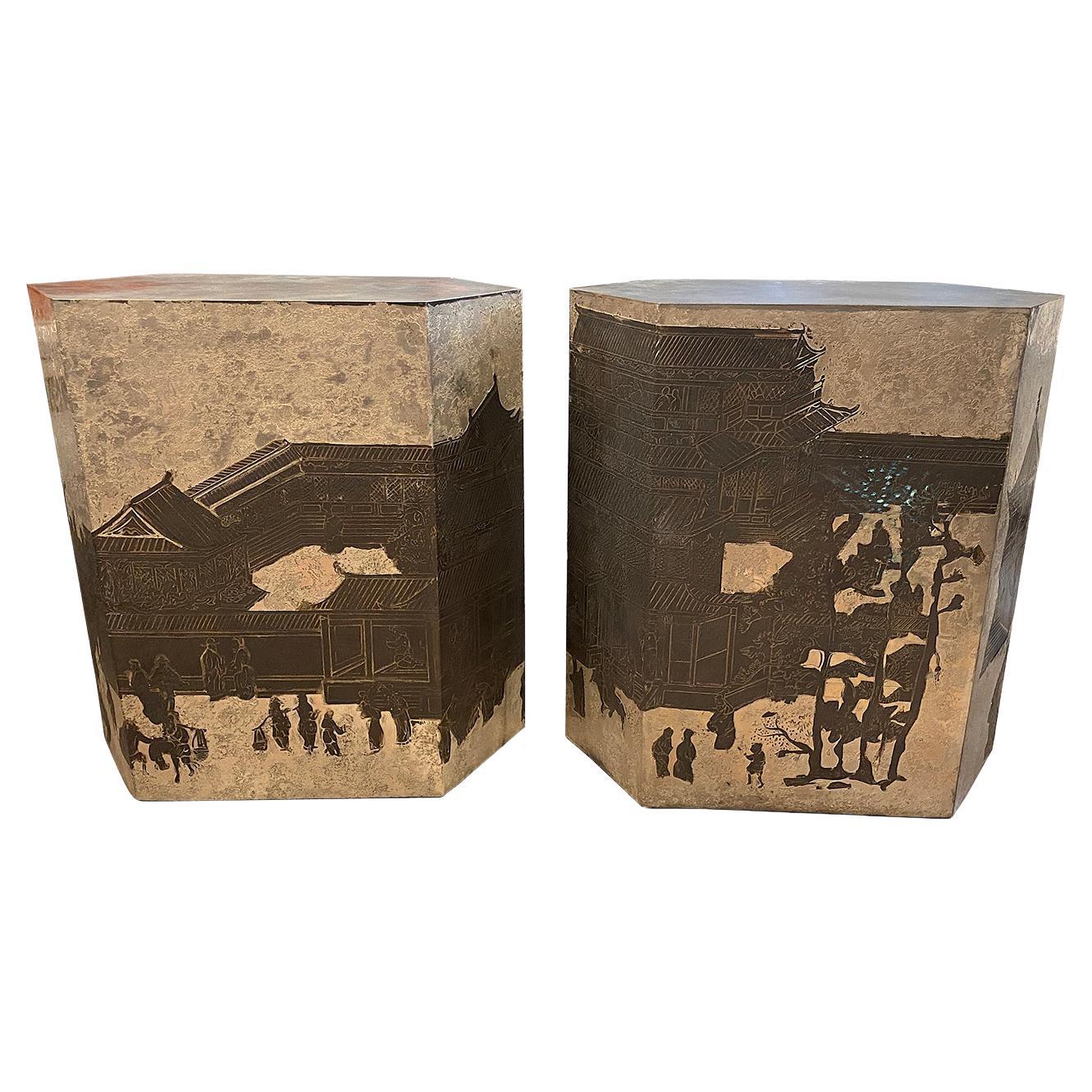 Pair of Mid Century Etched Metal Side Tables For Sale