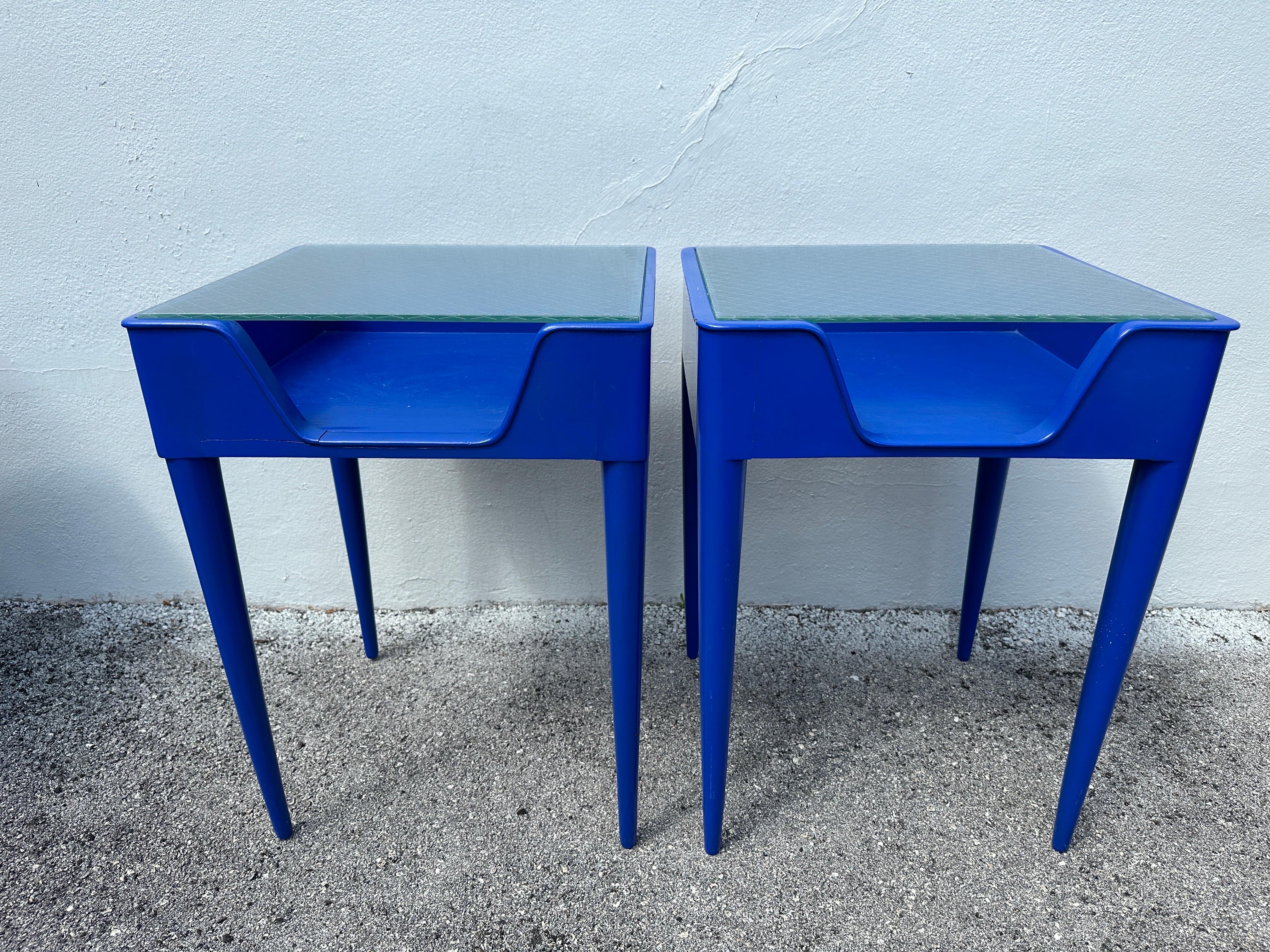 These lovely blue side tables/ night stands with open storage compartment and a latticed frosted glass industrial style plateau (newly replaced).  THIS ITEM IS LOCATED AND WILL SHIP FROM OUR MIAMI, FLORIDA SHOWROOM.