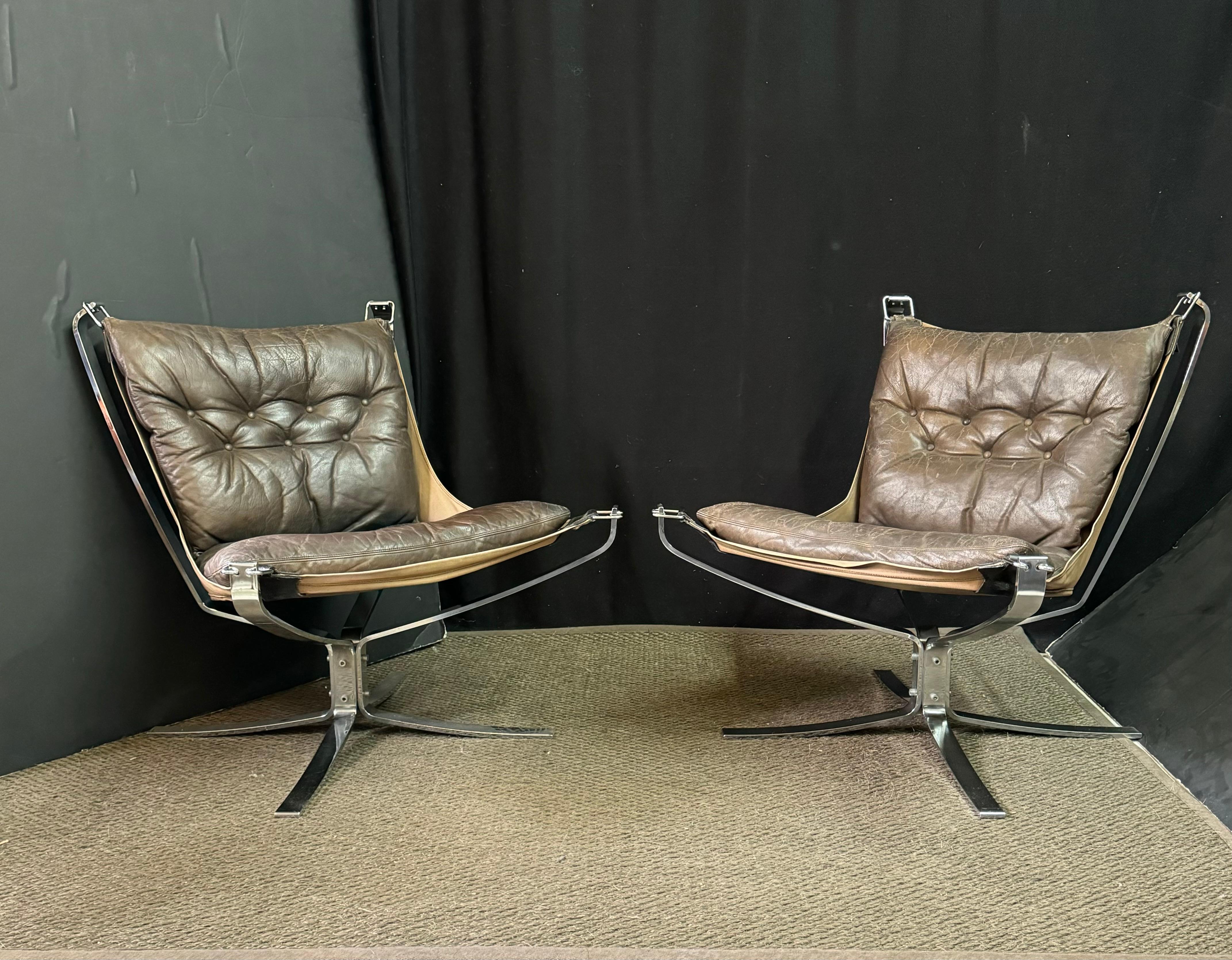 Pair of Mid-Century Falcon lounge chairs designed by Norwegian industrial and interior designer, Sigurd Ressell (1920-2010) in collaboration with iconic furniture manufacturer, Vatne Mobler. 

A rich legacy follows the Vatne Mobler brand whose