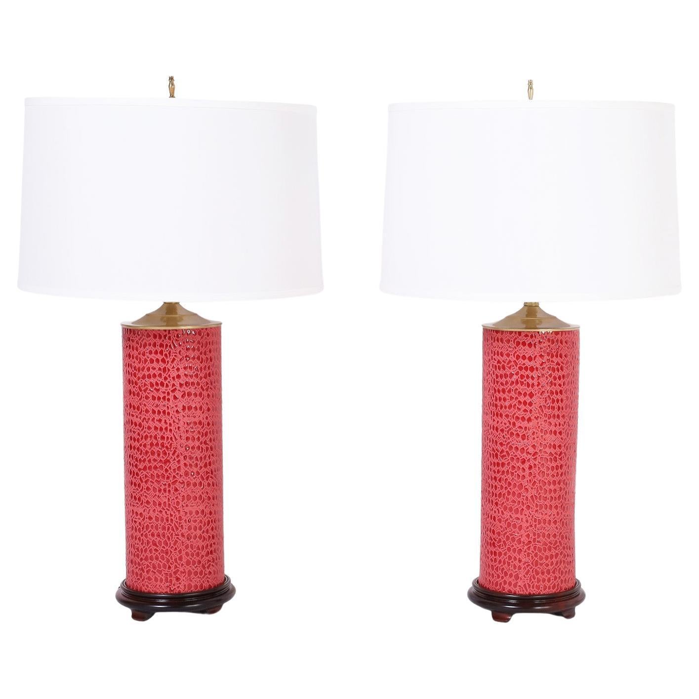 Pair of Mid-Century Faux Alligator Table Lamps For Sale