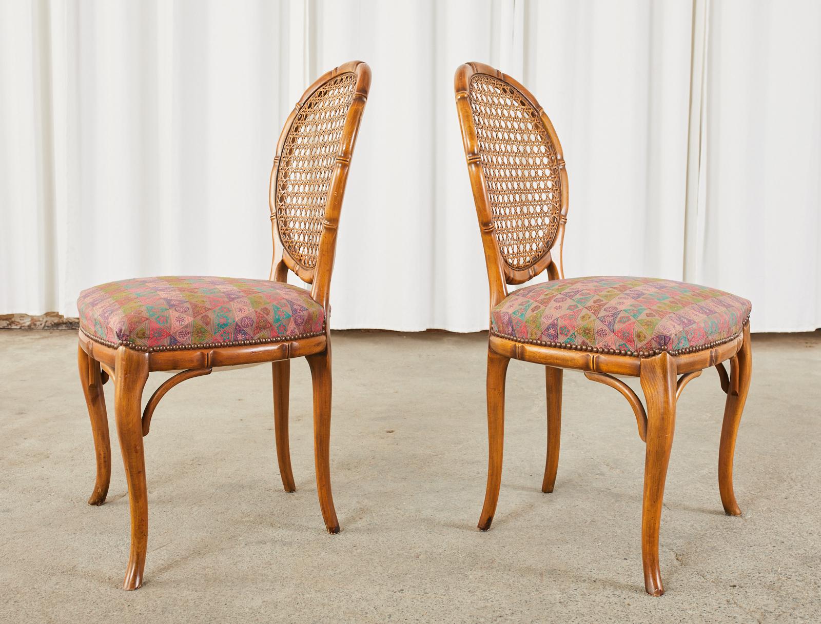 American Pair of Mid-Century Faux Bamboo and Cane Dining Chairs For Sale