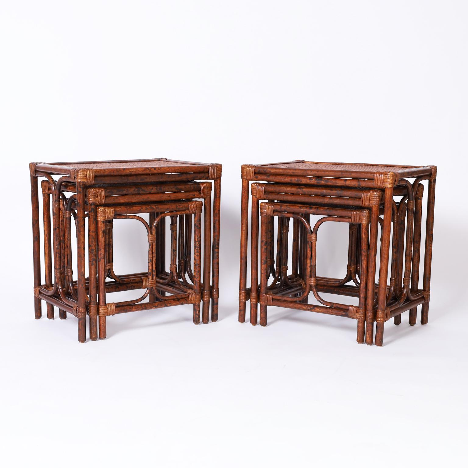 Philippine Pair of Mid-Century Faux Bamboo British Colonial Style Nests of Tables For Sale