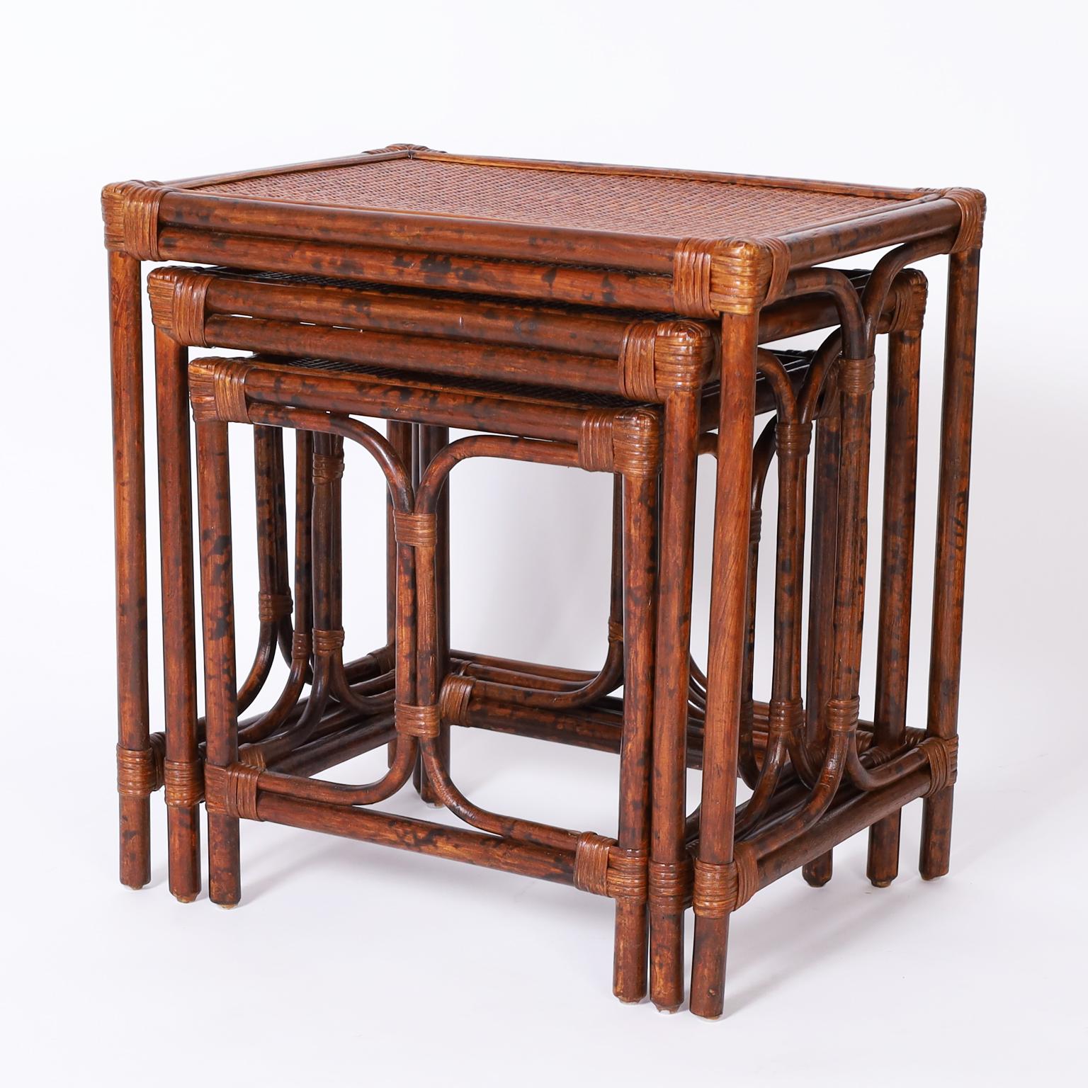 Pair of Mid-Century Faux Bamboo British Colonial Style Nests of Tables In Good Condition For Sale In Palm Beach, FL