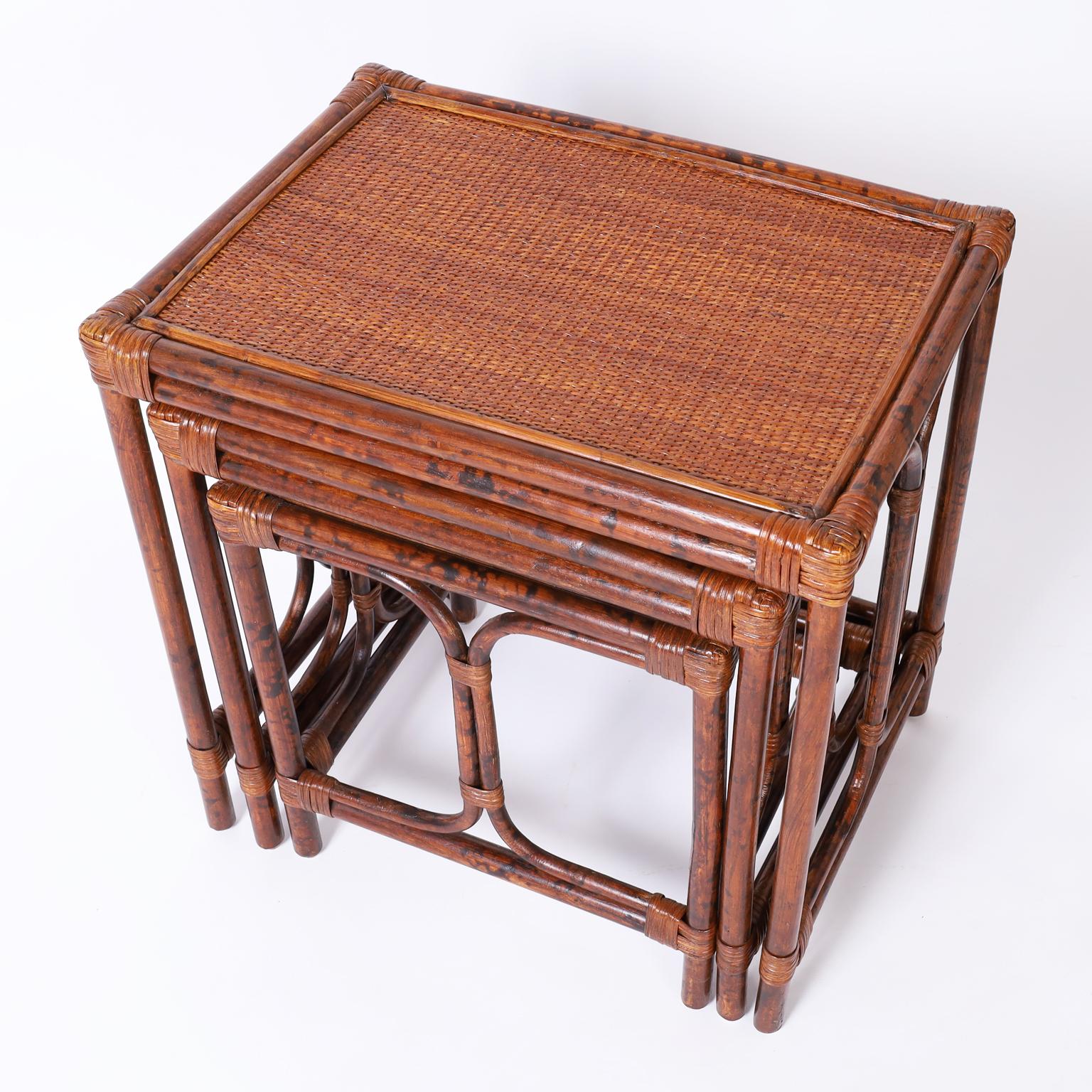 20th Century Pair of Mid-Century Faux Bamboo British Colonial Style Nests of Tables For Sale