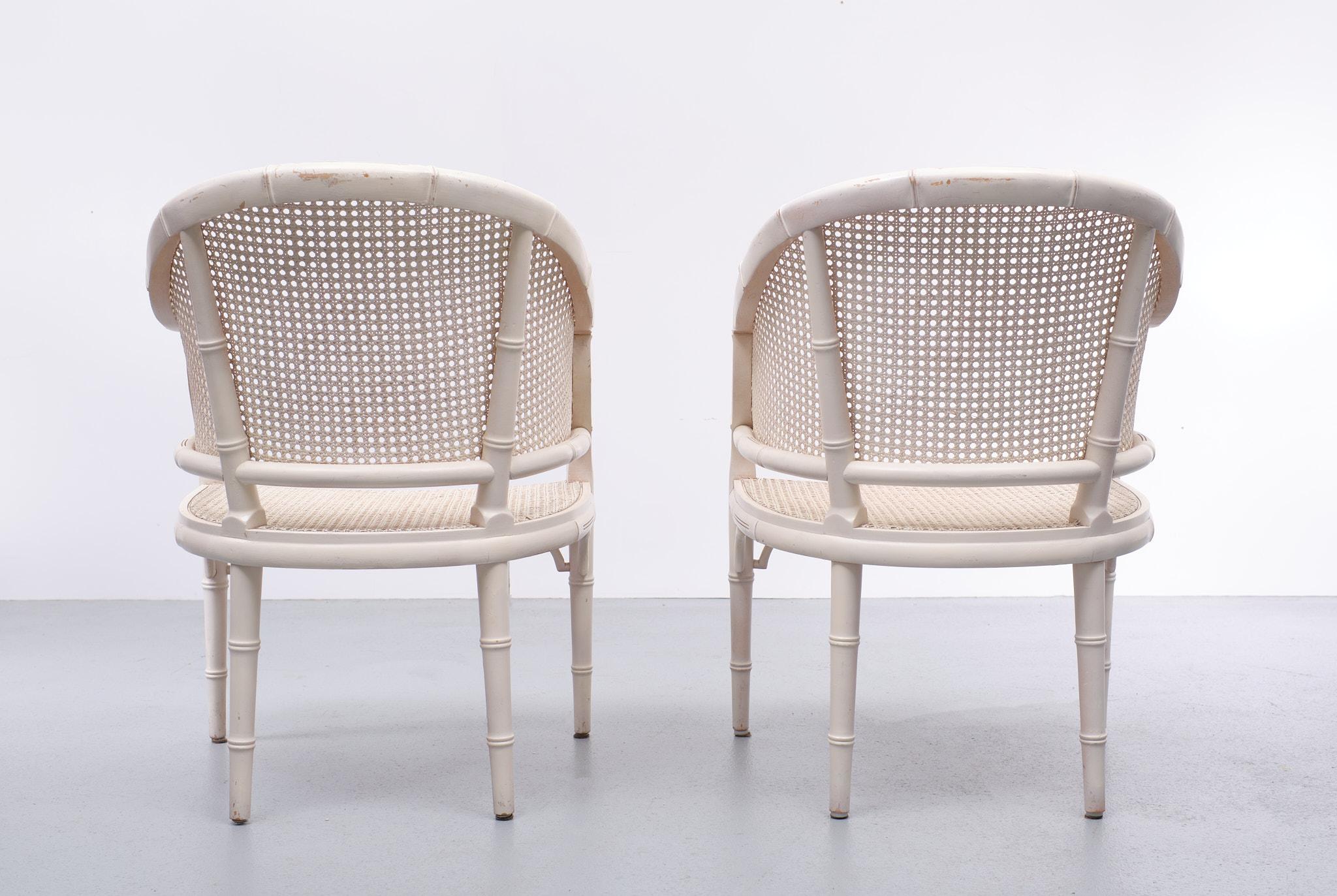 European Pair of Mid-Century Faux-Bamboo Caned Barrel Chairs, 1970s
