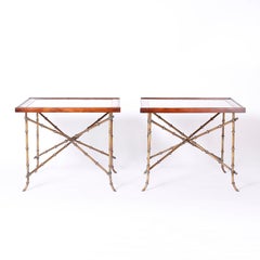 Pair of Midcentury Faux Bamboo Mirror Top Side Tables