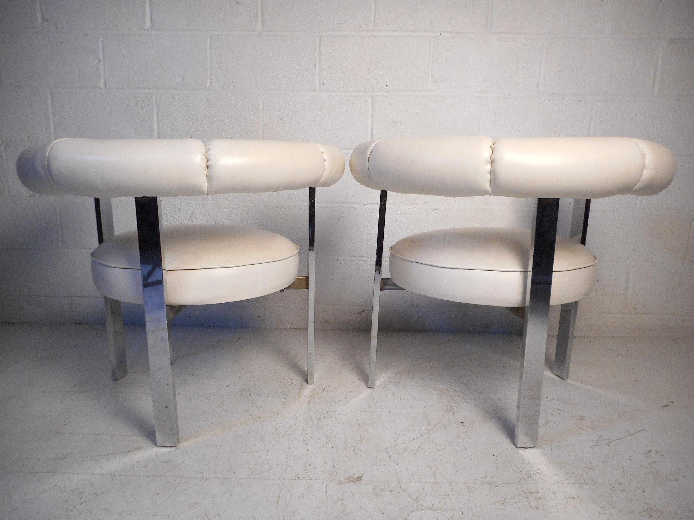 Faux Leather Pair of Midcentury Faux-Leather and Chrome Barrel-Back Chairs For Sale