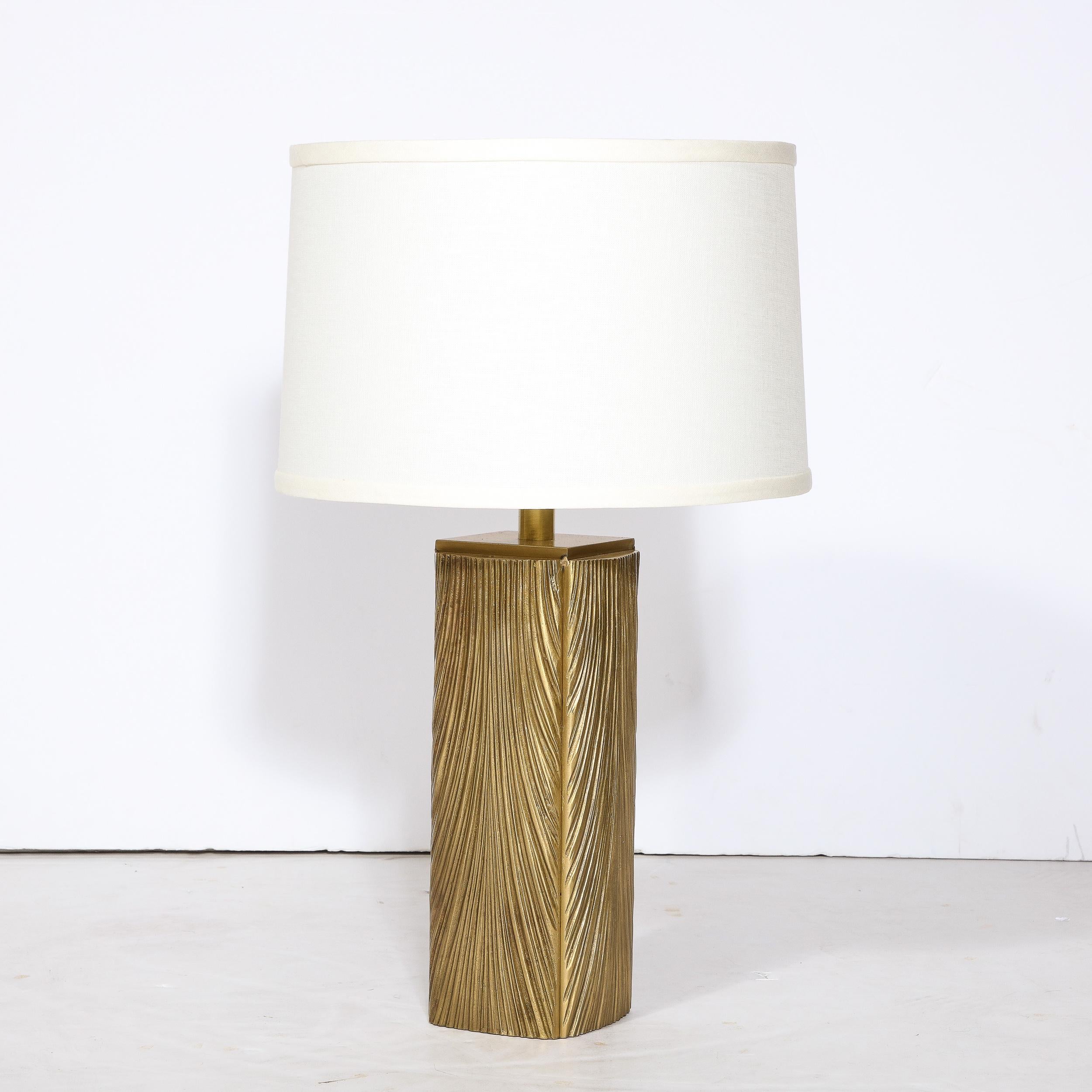Italian Pair of Midcentury Feathered Brushed Brass Table Lamps by Luciano Frigerio